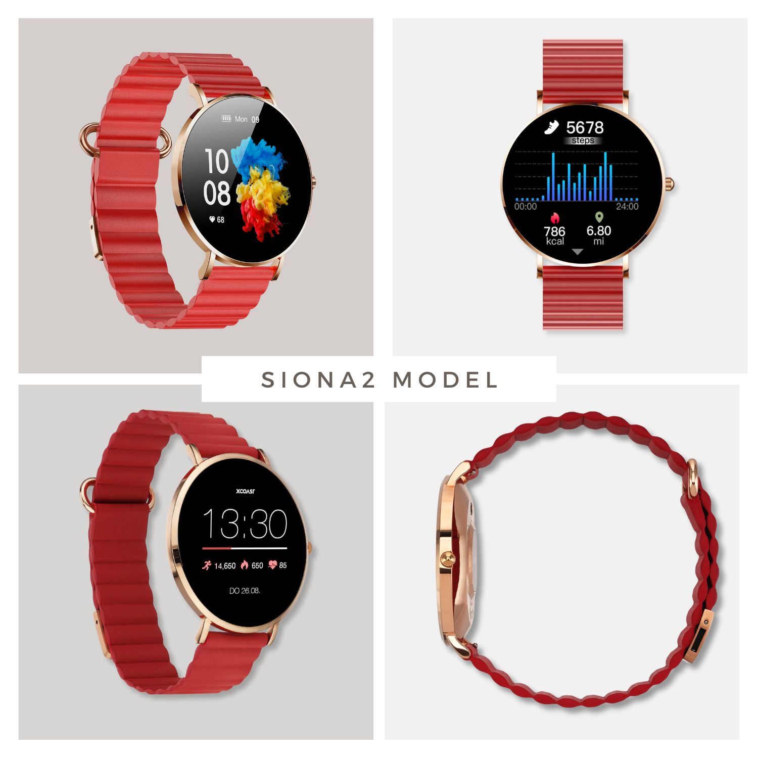 Quattro immagini di uno smartwatch con cinturino rosso che mostra diverse modalità di visualizzazione.