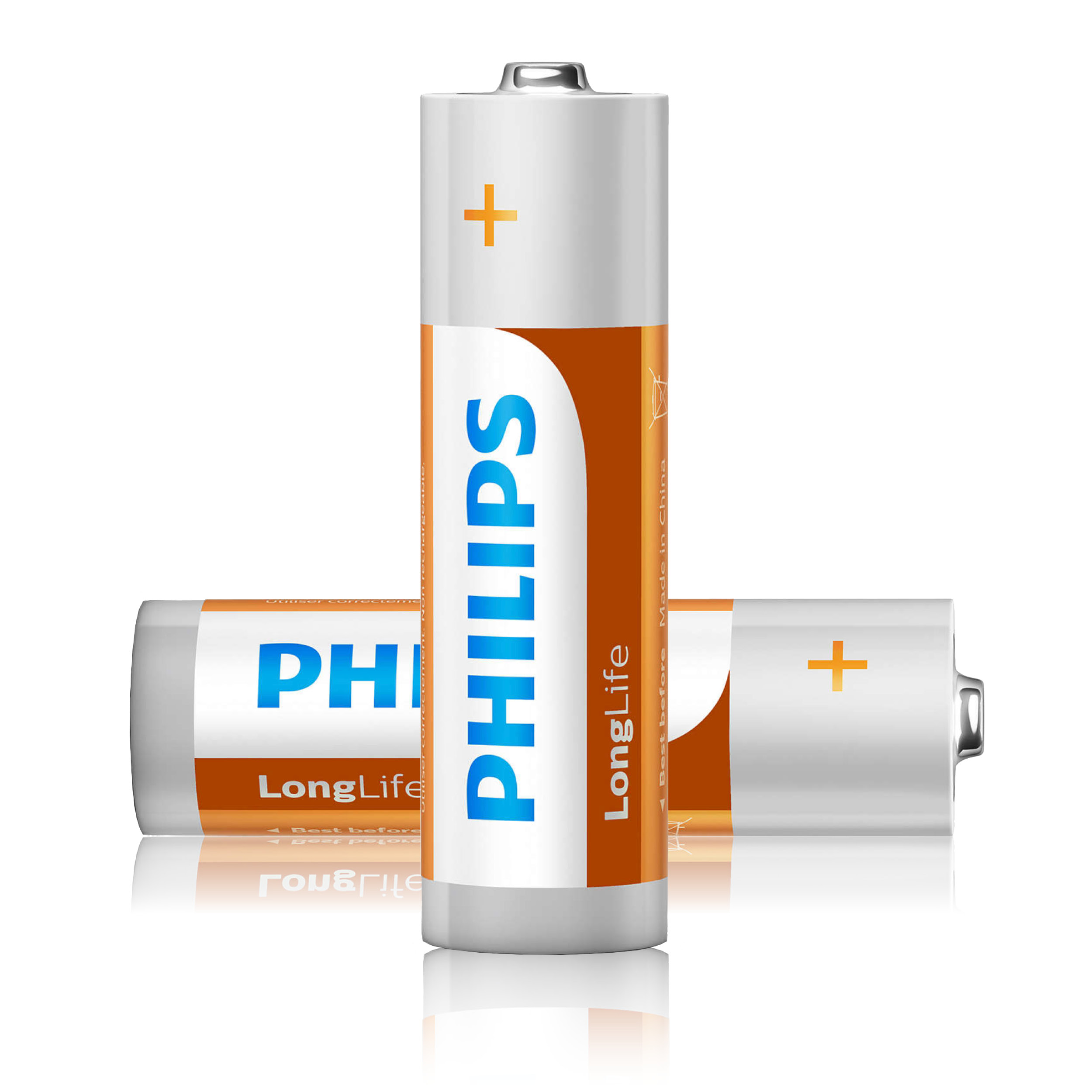 Three Philips LongLife AA batteries against a white background.
