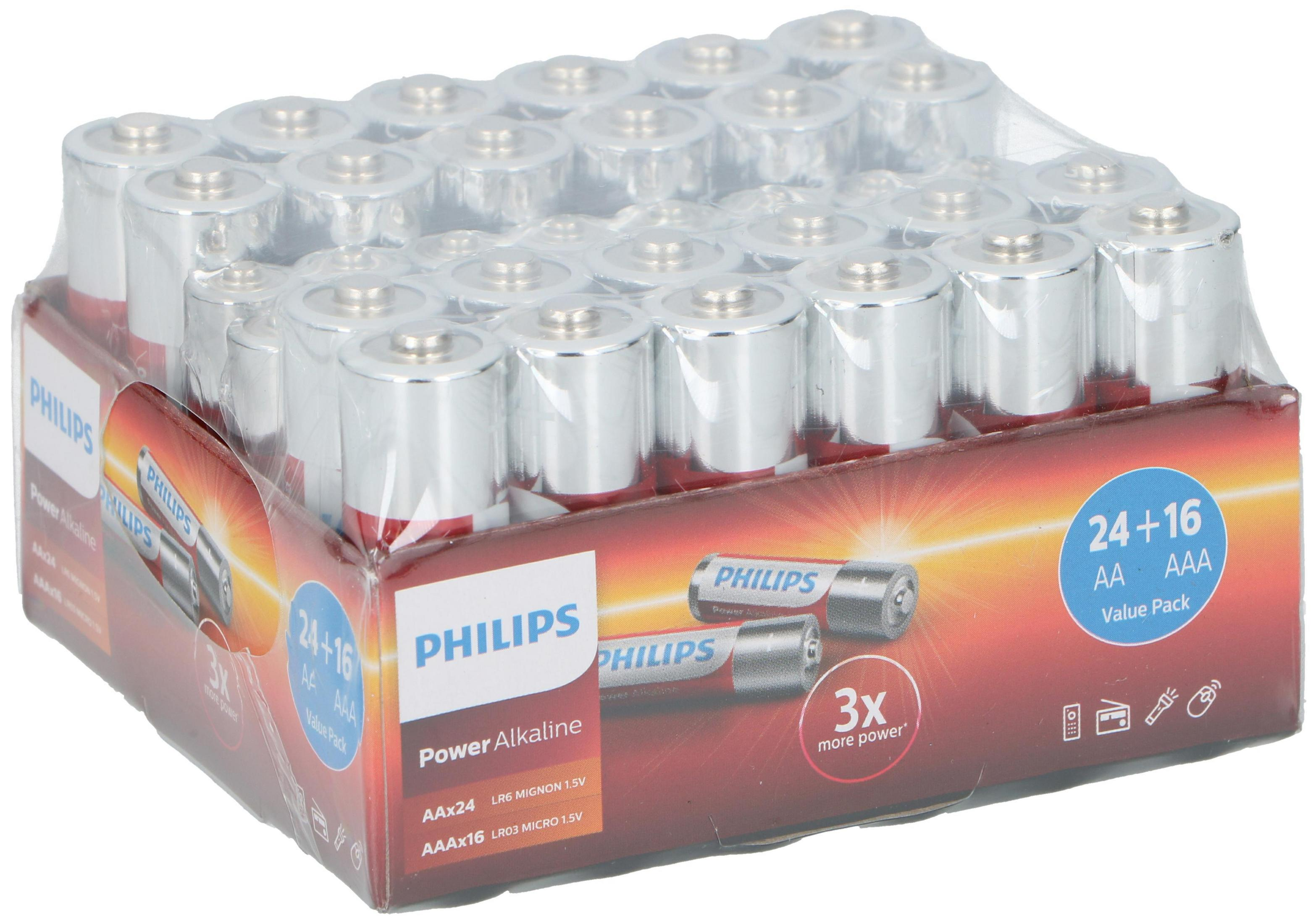Un pacco di 40 batterie AA Philips in un imballaggio di plastica trasparente.