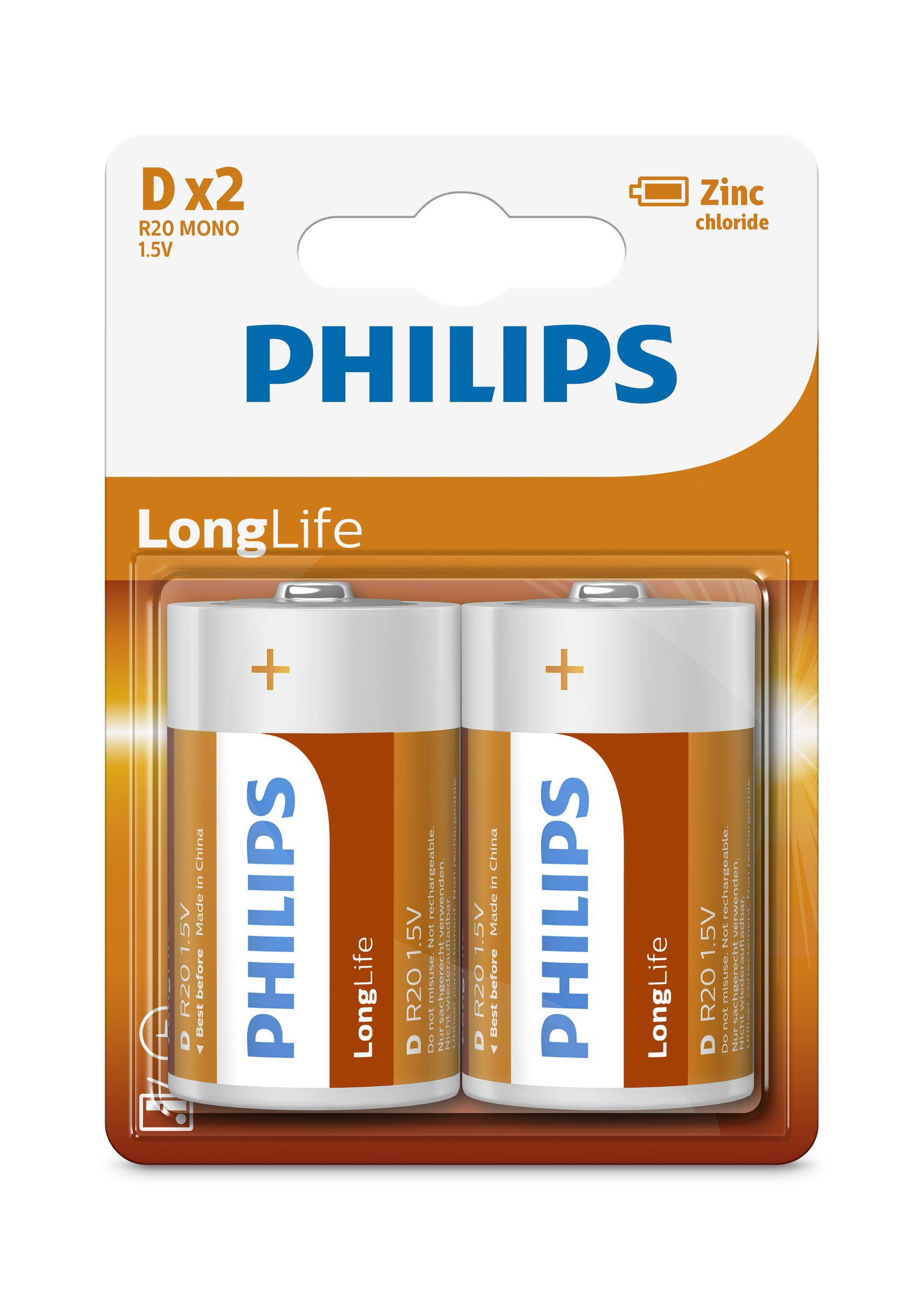 Dwie baterie Philips D x2 R20 Mono 1,5V w opakowaniu.