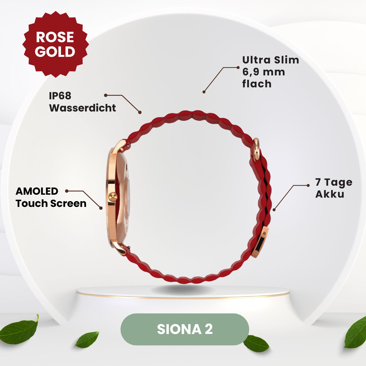 Viene mostrato uno smartwatch oro rosa con cinturino rosso, con le caratteristiche principali evidenziate.