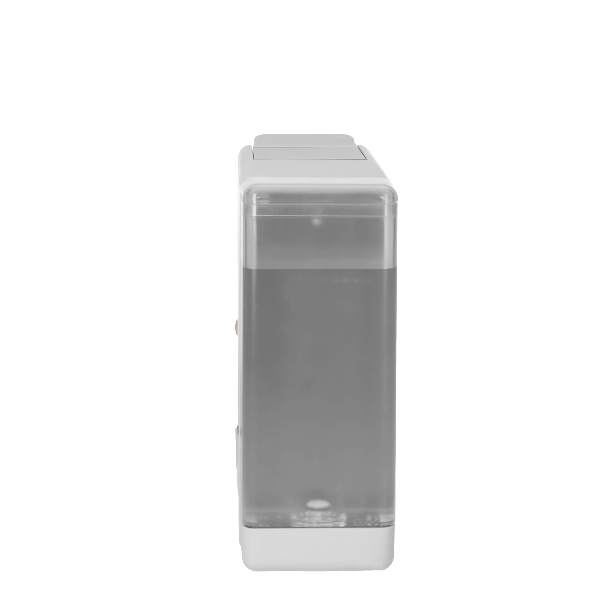 Un dispenser di sapone bianco e grigio, visto di lato, su sfondo bianco.