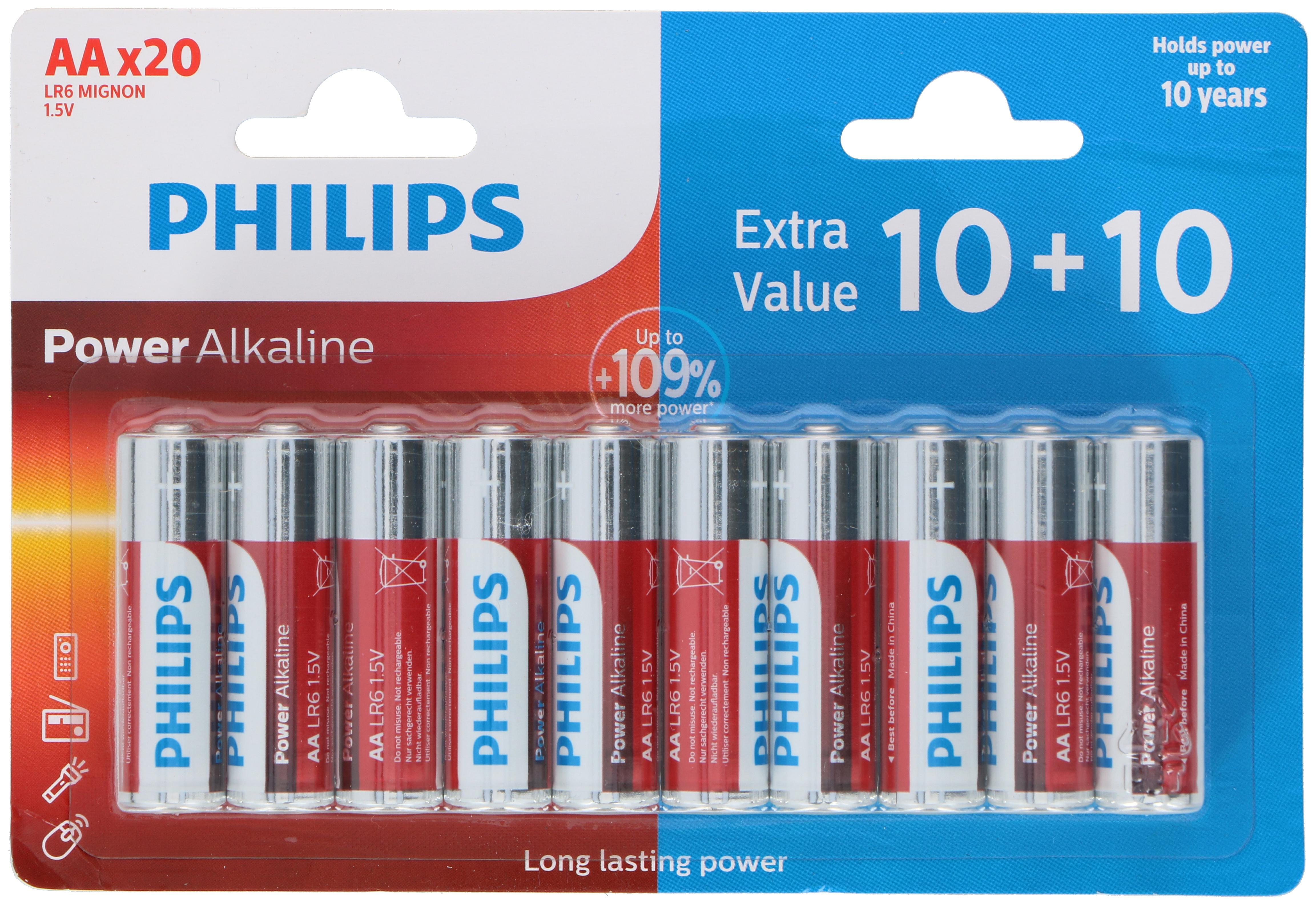 Un pacco batterie Philips Power Alkaline AA, 20 batterie in una confezione blu e rossa.