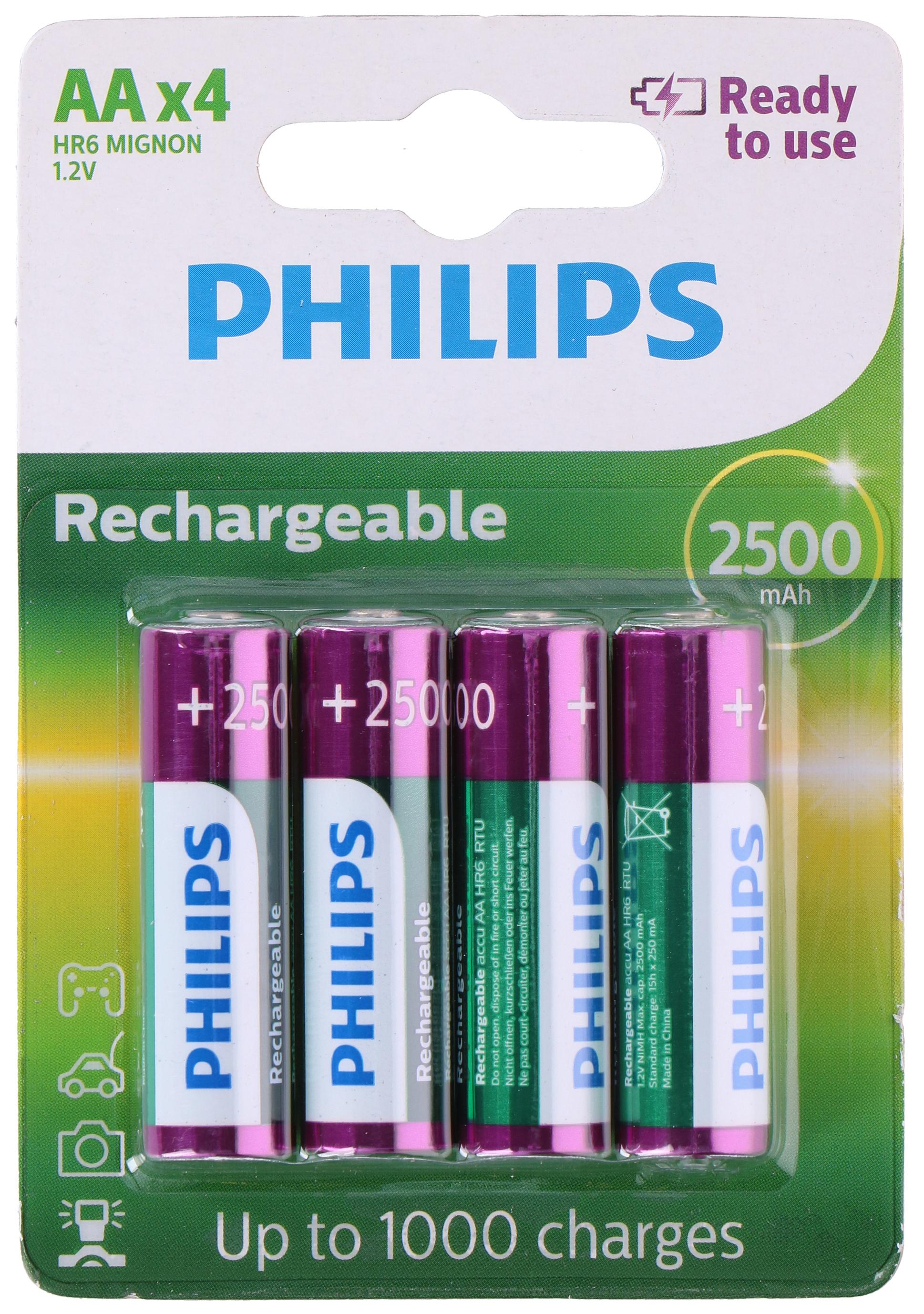 Confezione di quattro batterie ricaricabili AA Philips. La confezione ha colori blu, bianco e viola.