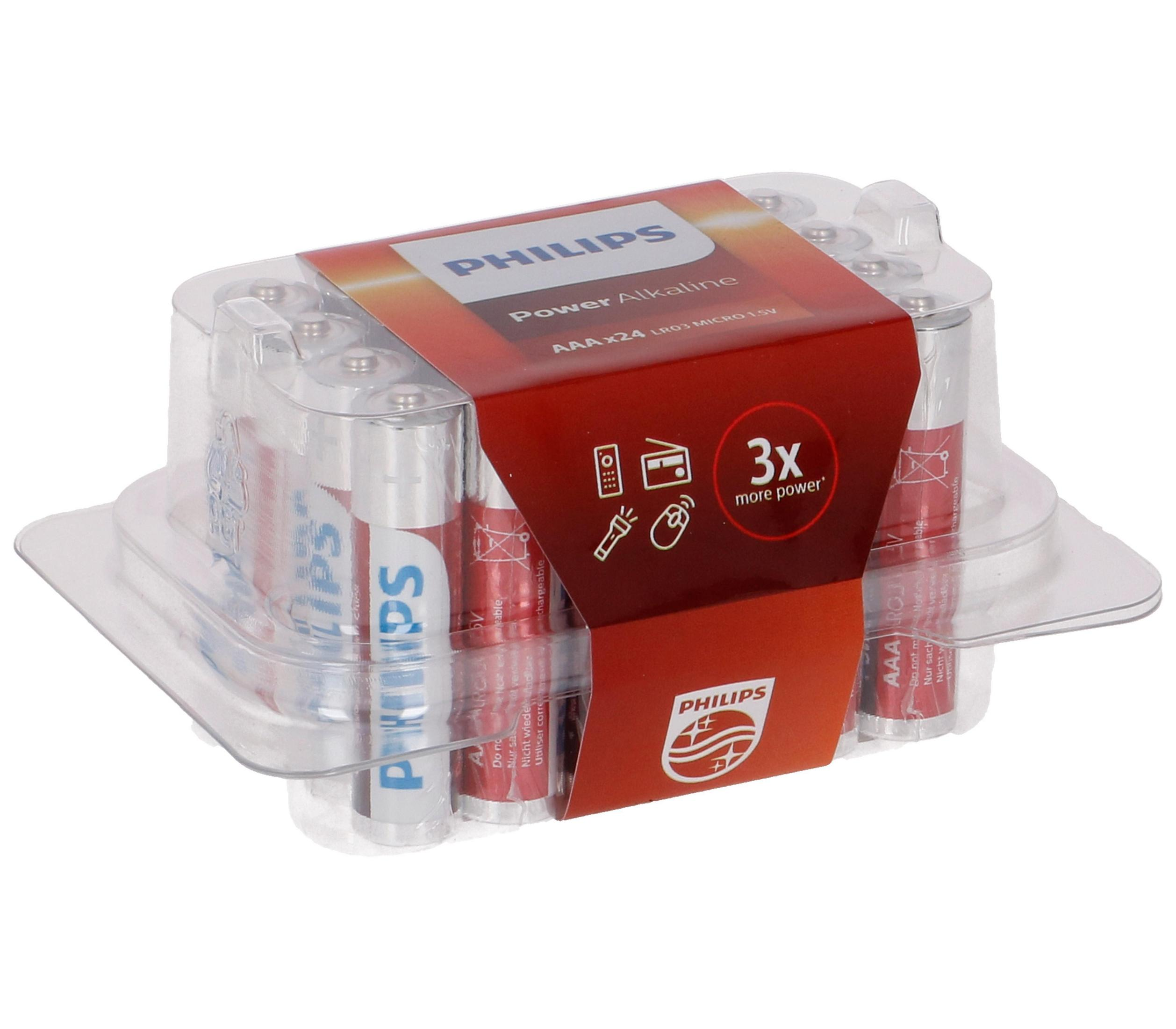 Confezione di batterie AAA Philips. Imballaggio in plastica trasparente con marchio rosso e bianco.