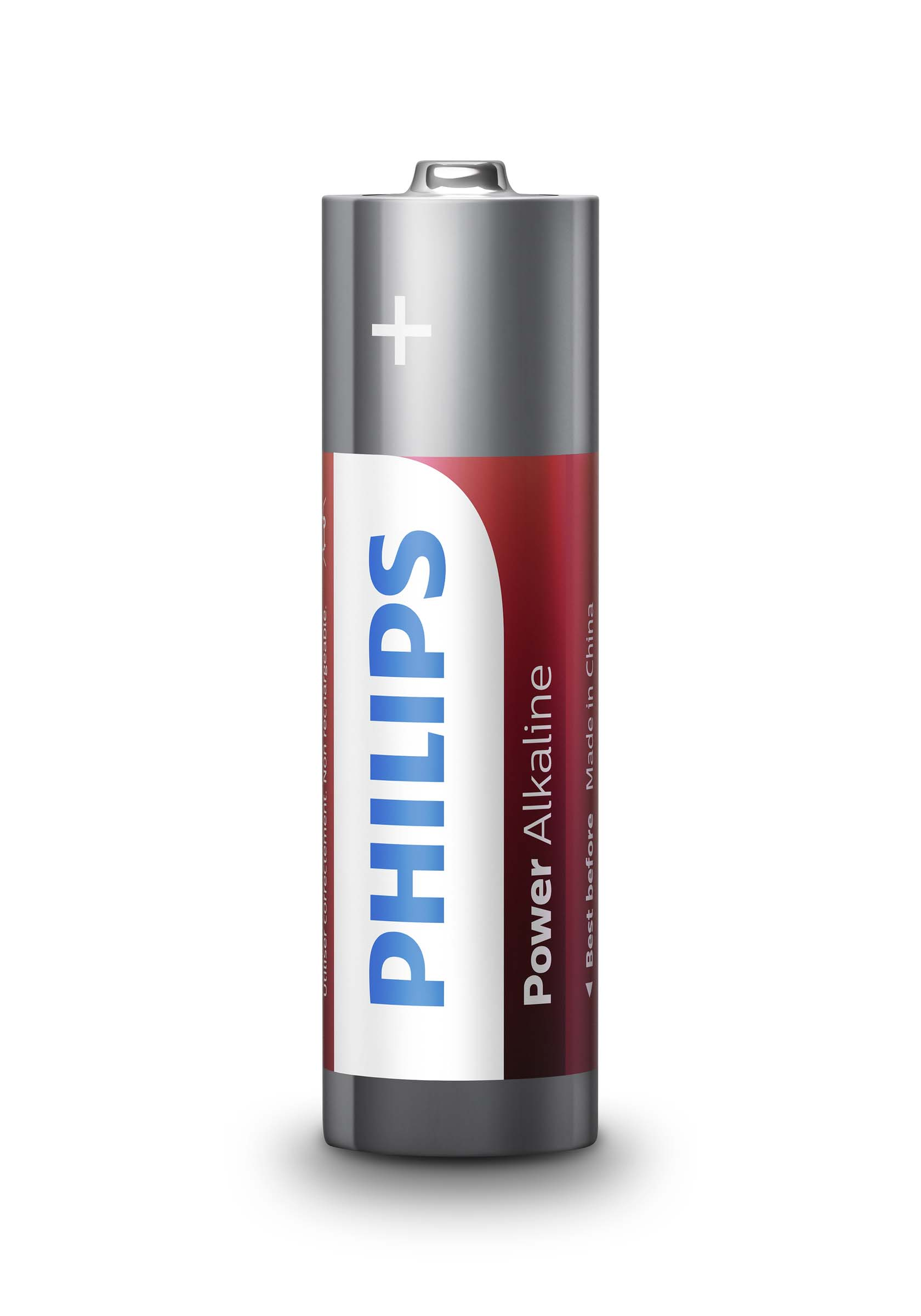 Philips AA-Alkalibatterie, silberner Deckel, weißes Etikett mit blauem Text, roter Boden.