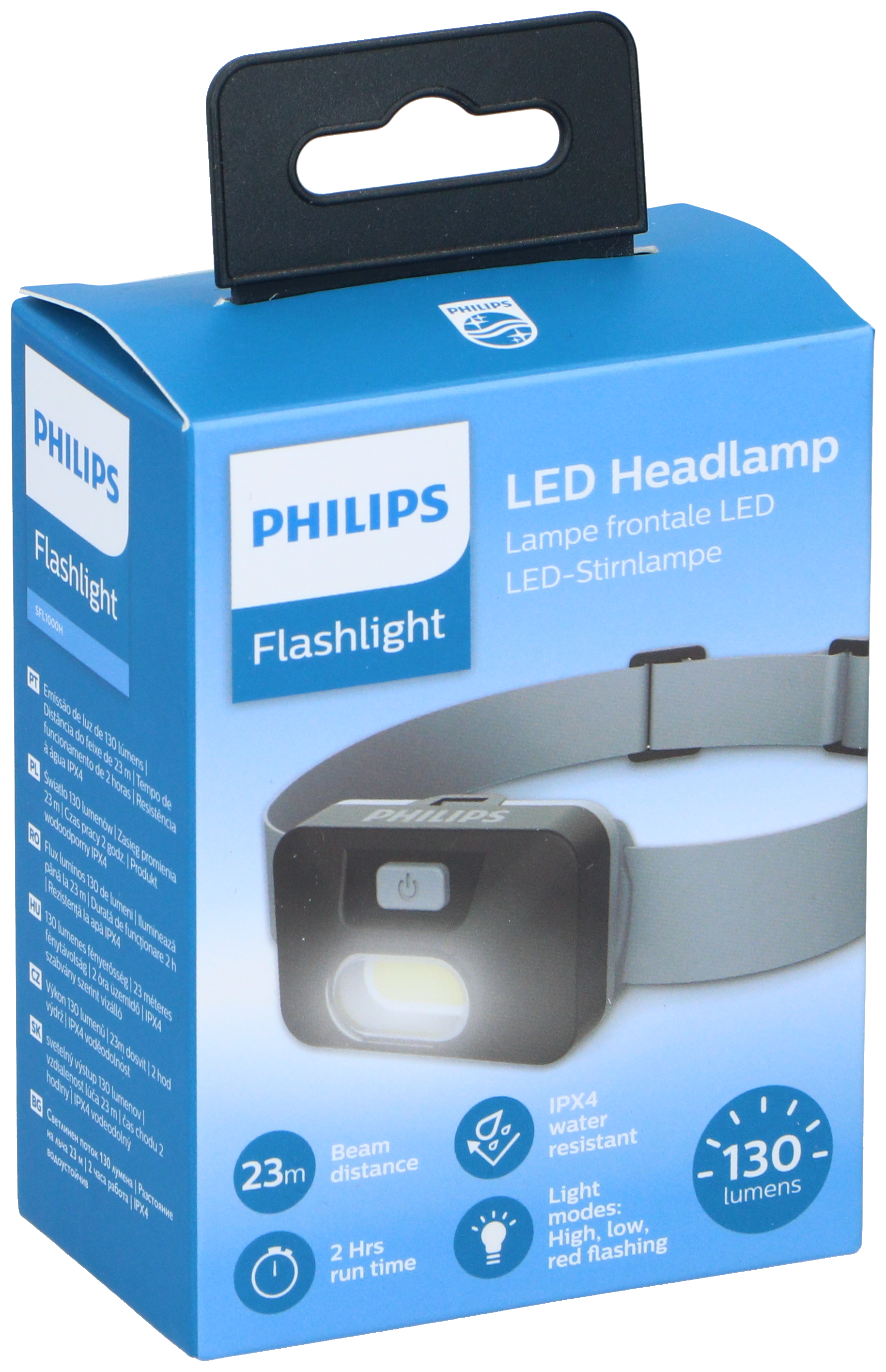 Philips LED-Stirnlampe in einer blauen Box. Die Stirnlampe ist eingeschaltet. Die Box zeigt Spezifikationen.