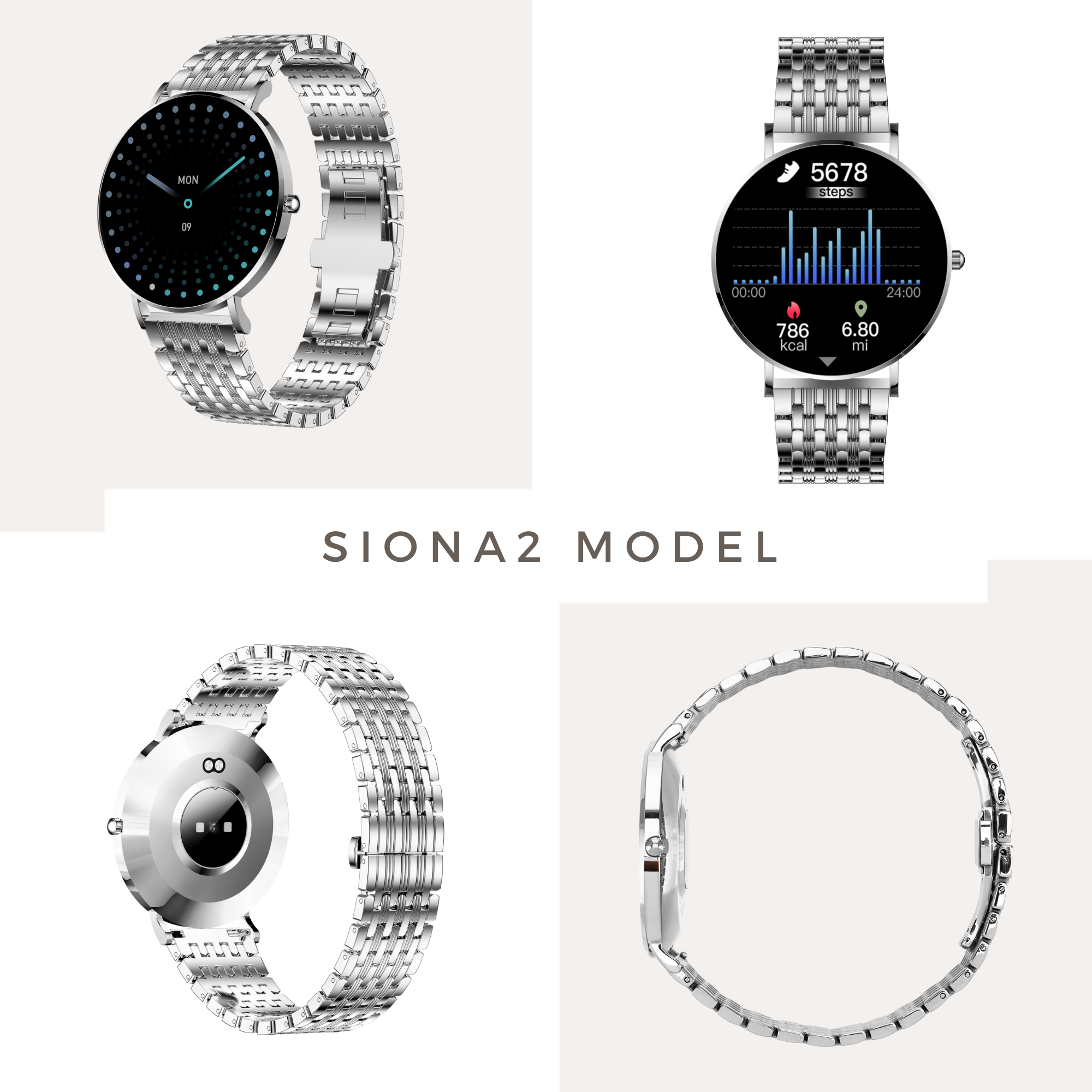 Silberne Smartwatch mit schwarzem Bildschirm, der Zeit und Gesundheitsdaten anzeigt. Das Armband ist auch silber.