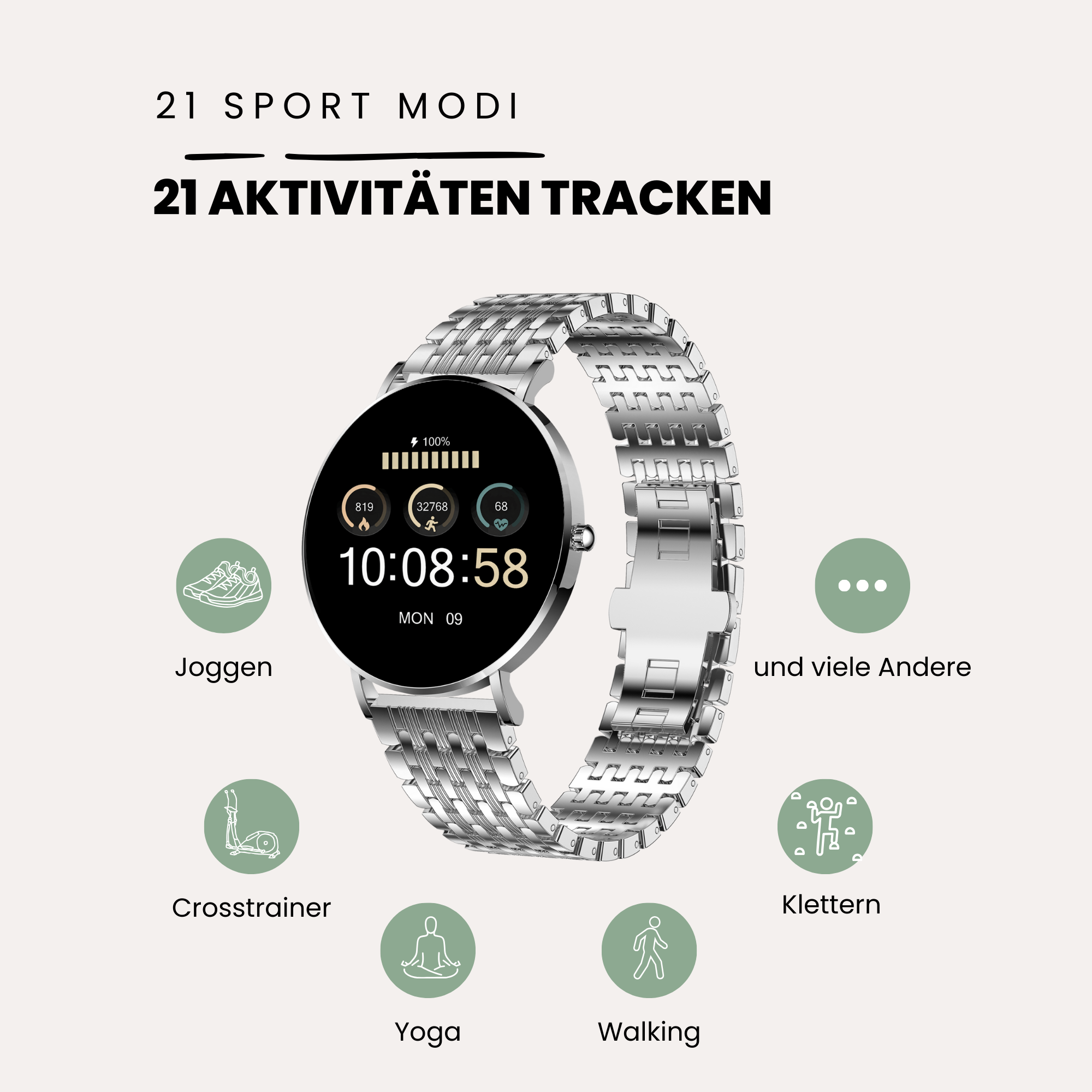 Eine silberne Smartwatch mit verschiedenen Aktivitätssymbolen und Text.