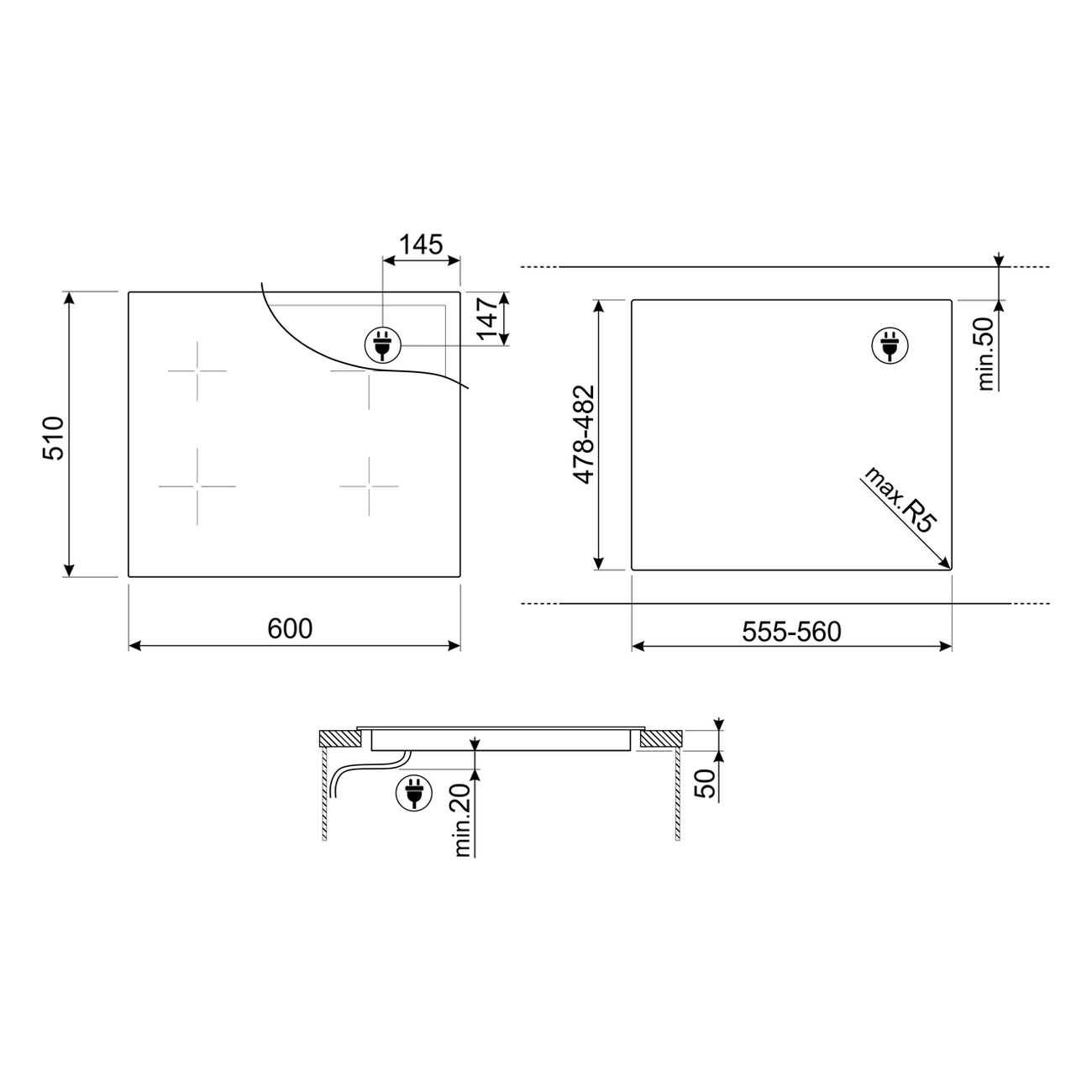 Rysunek techniczny płyty grzewczej, pokazujący wymiary i pozycje palników.