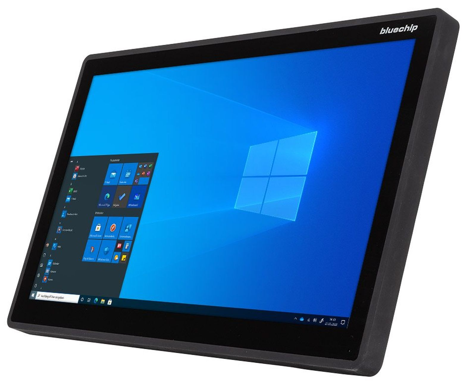 Czarny tablet z niebieskim ekranem Windows. Czarna ramka, białe tło.