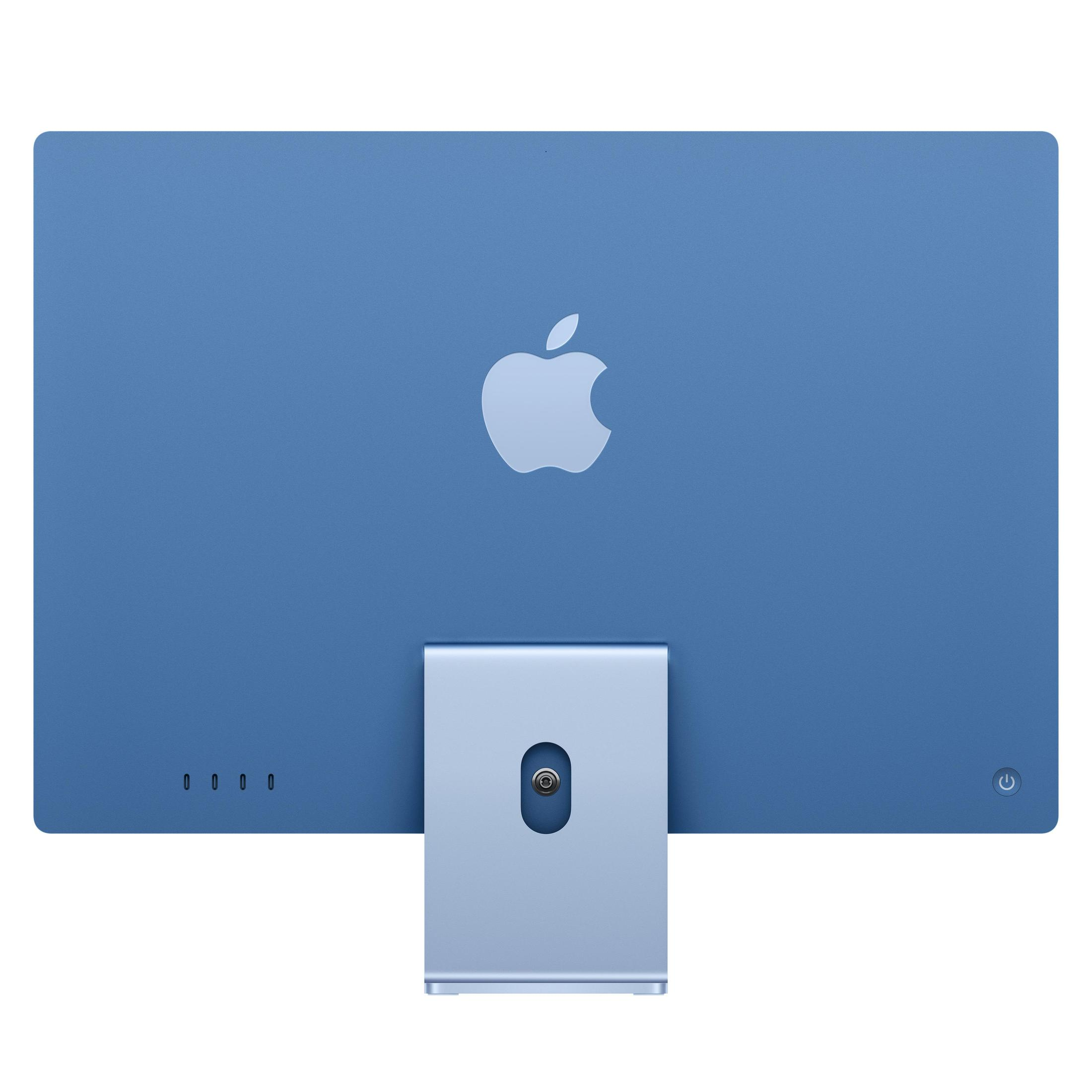 Rückseite eines blauen Apple iMac, mit Apple-Logo, Ständer und Anschlüssen.