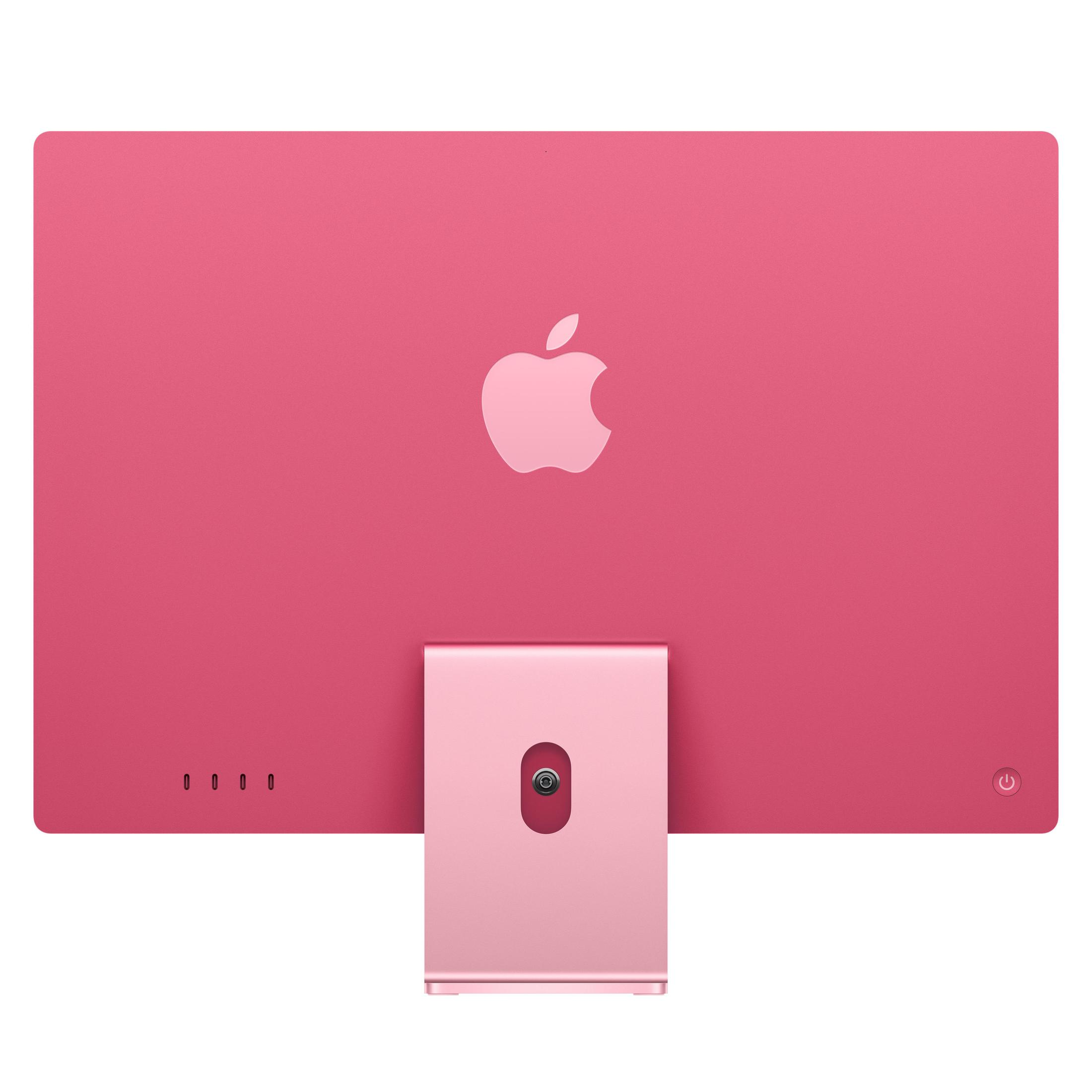 Retro di iMac rosa, con logo Apple e supporto, su sfondo bianco.