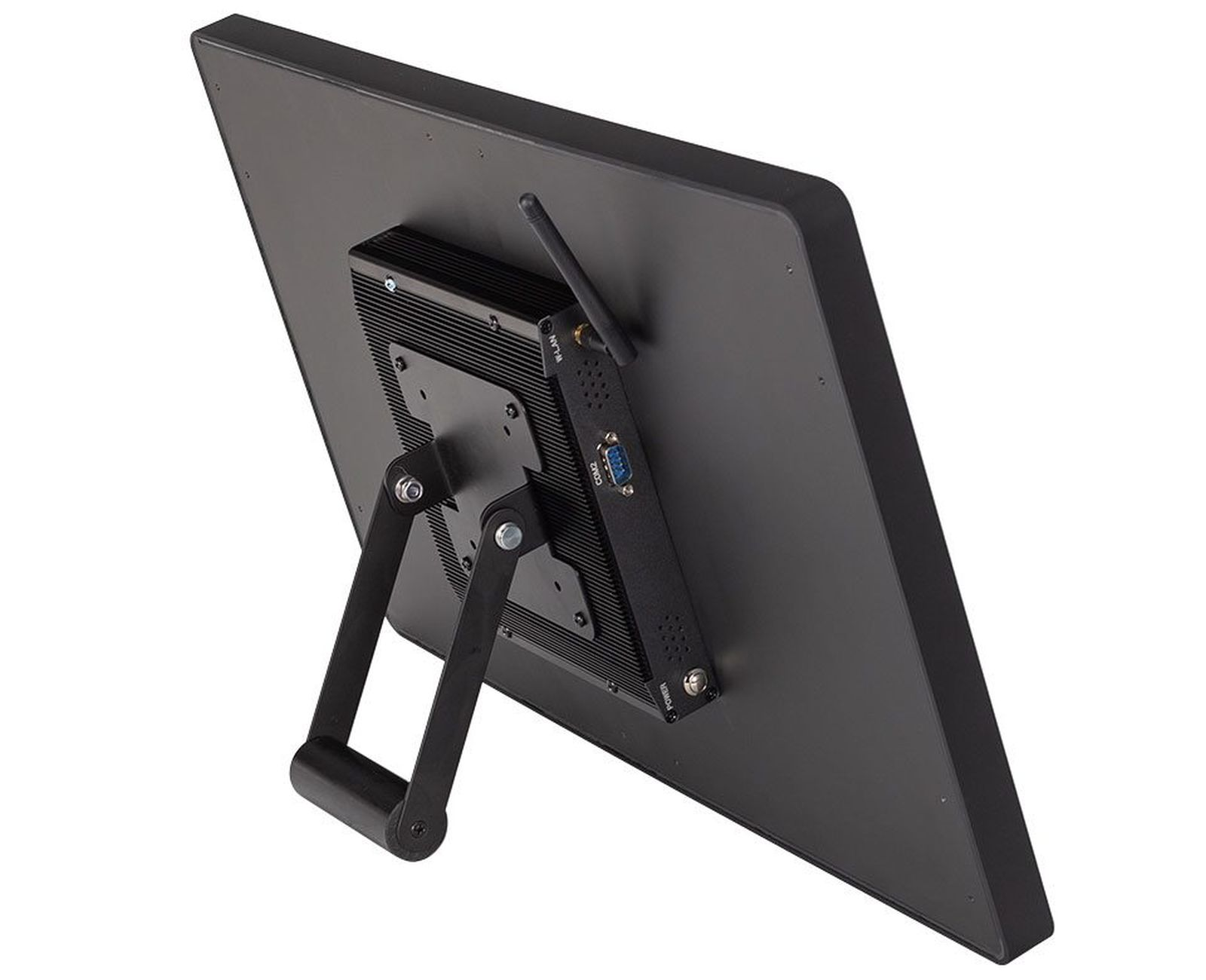 Czarny monitor komputera pod kątem i podparty stojakiem, białe tło.