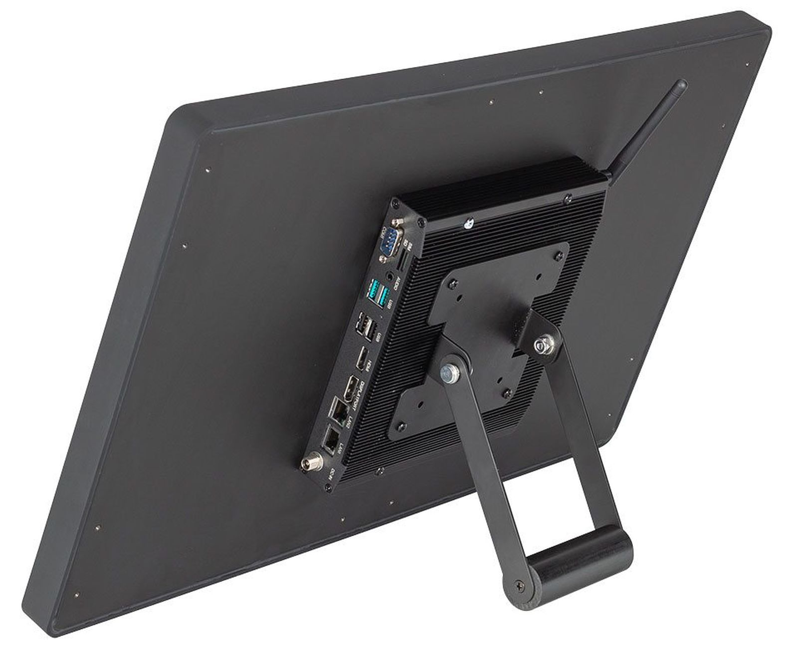Widok z tyłu czarnego monitora z podstawą, pokazujący porty i mały dołączony komputer.