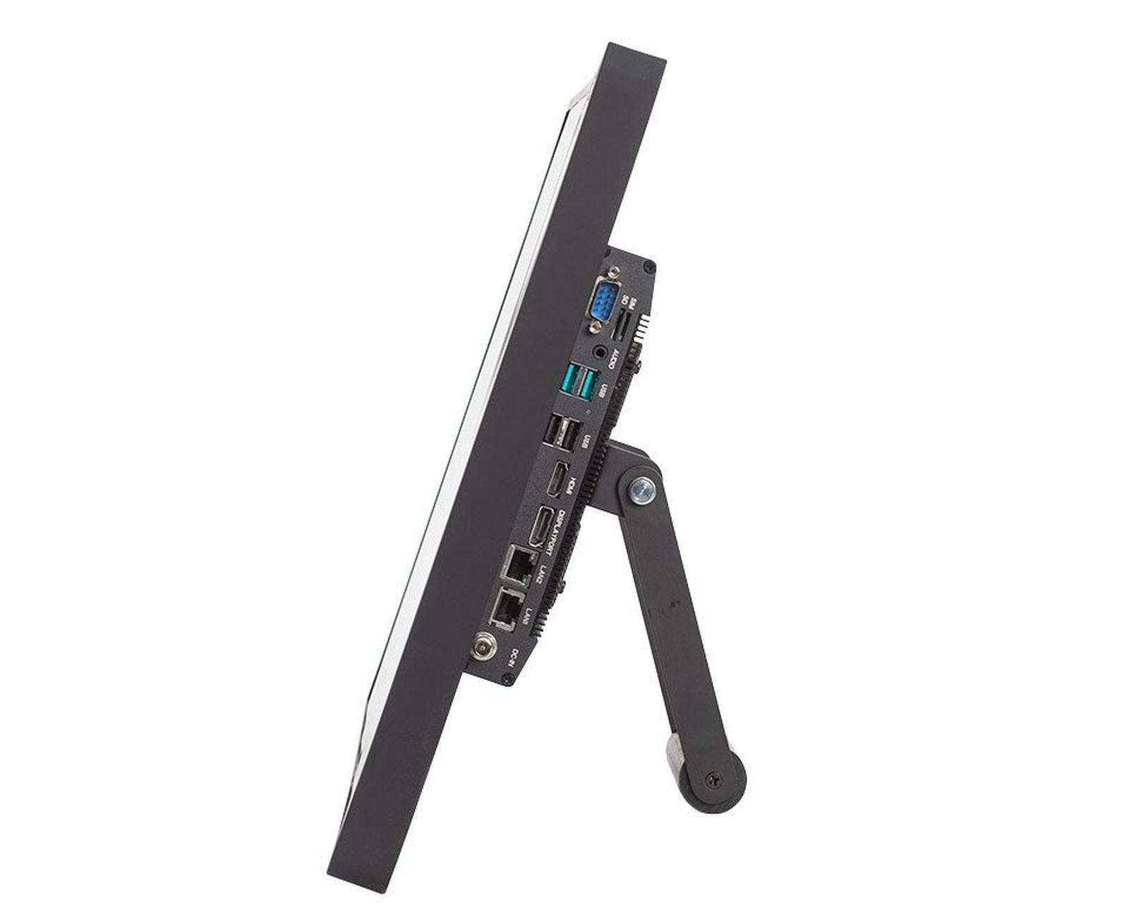 Widok z boku monitora komputera z portami i podstawką.