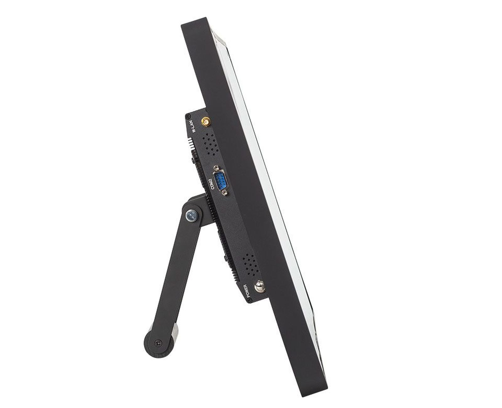 Czarny monitor pod kątem. Tył pokazuje porty. Dołączony stojak. Białe tło.