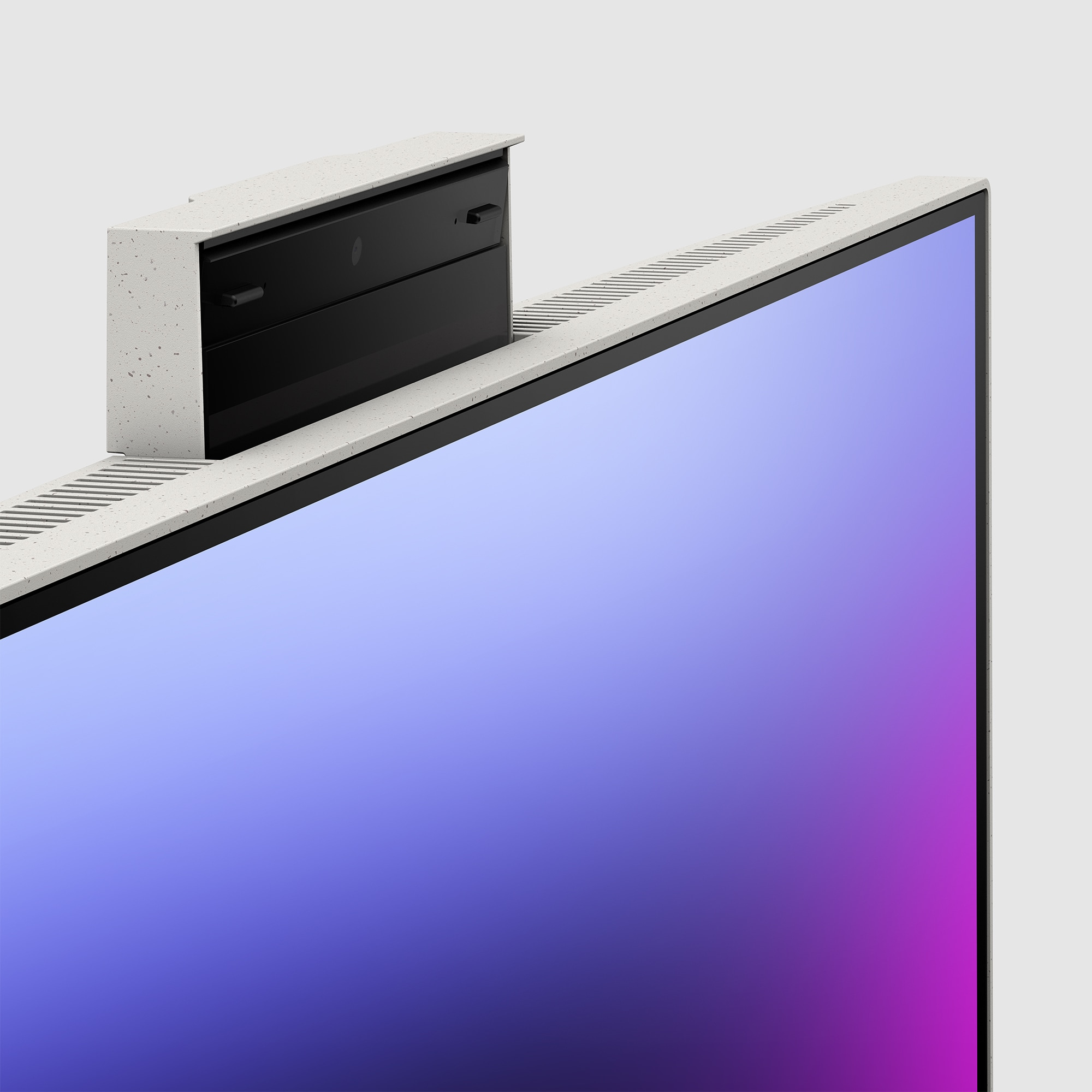 Zbliżenie telewizora z wbudowaną kamerą. Jasnoszara ramka, ciemna ramka wokół ekranu.