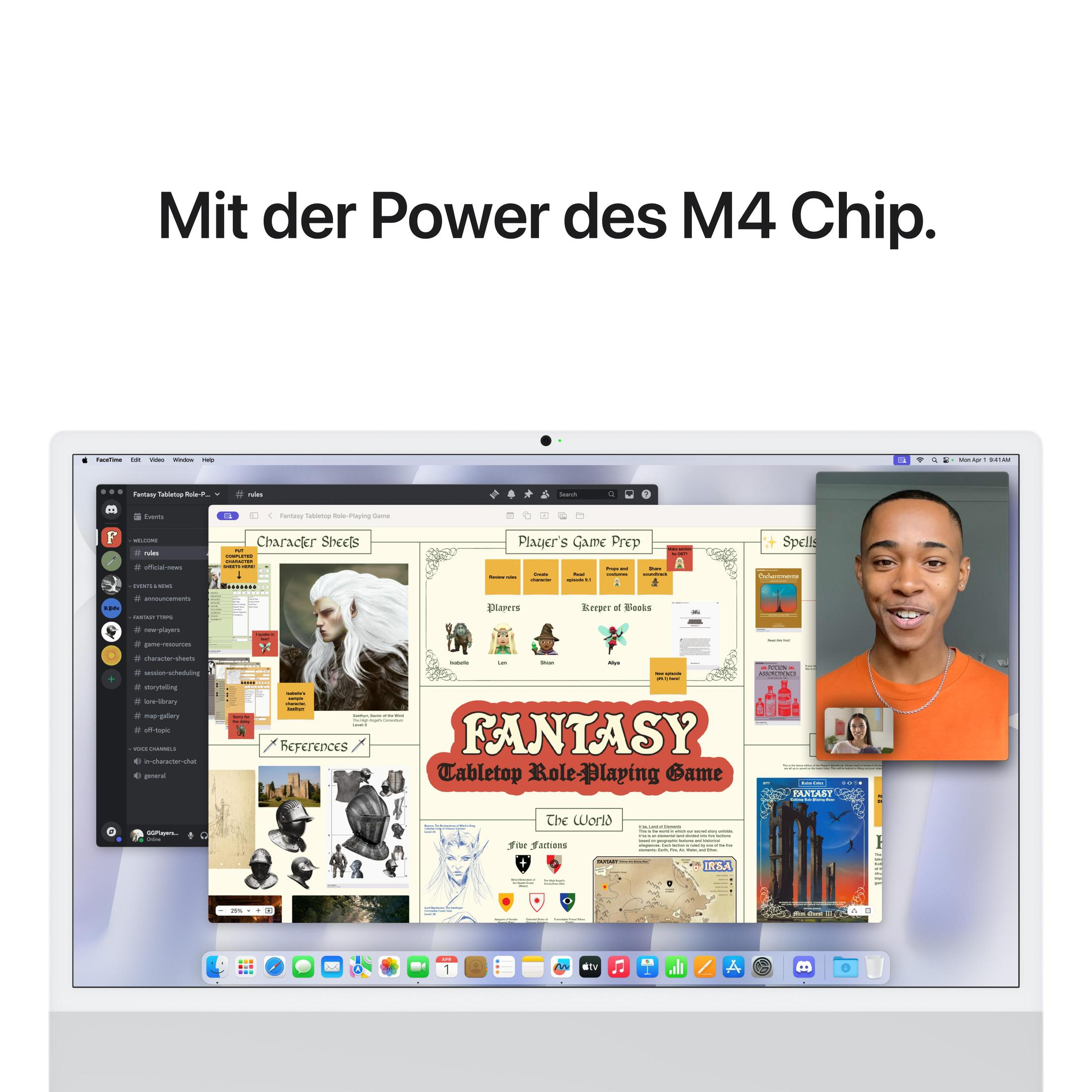 Laptop zeigt Fantasy-Spieloberfläche, Videoanruf und Text 'Mit der Power des M4 Chip.'