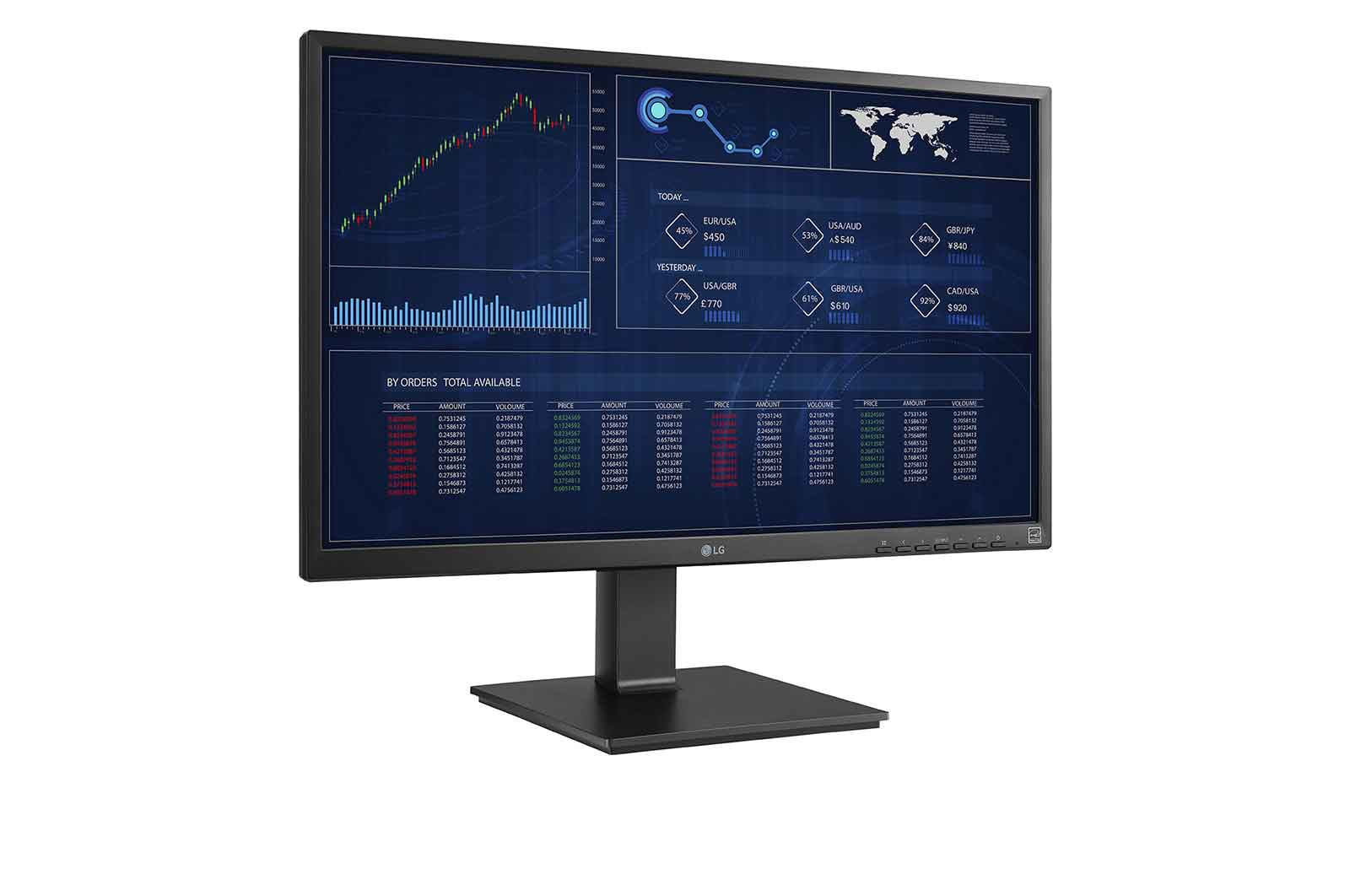 Czarny monitor komputera wyświetlający panel danych finansowych. Monitor ma czarną podstawę.