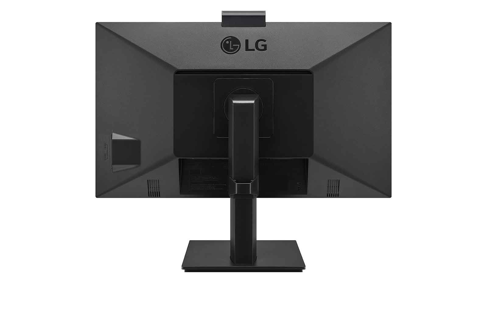 Tył czarnego monitora komputerowego LG ze stojakiem i logo LG.