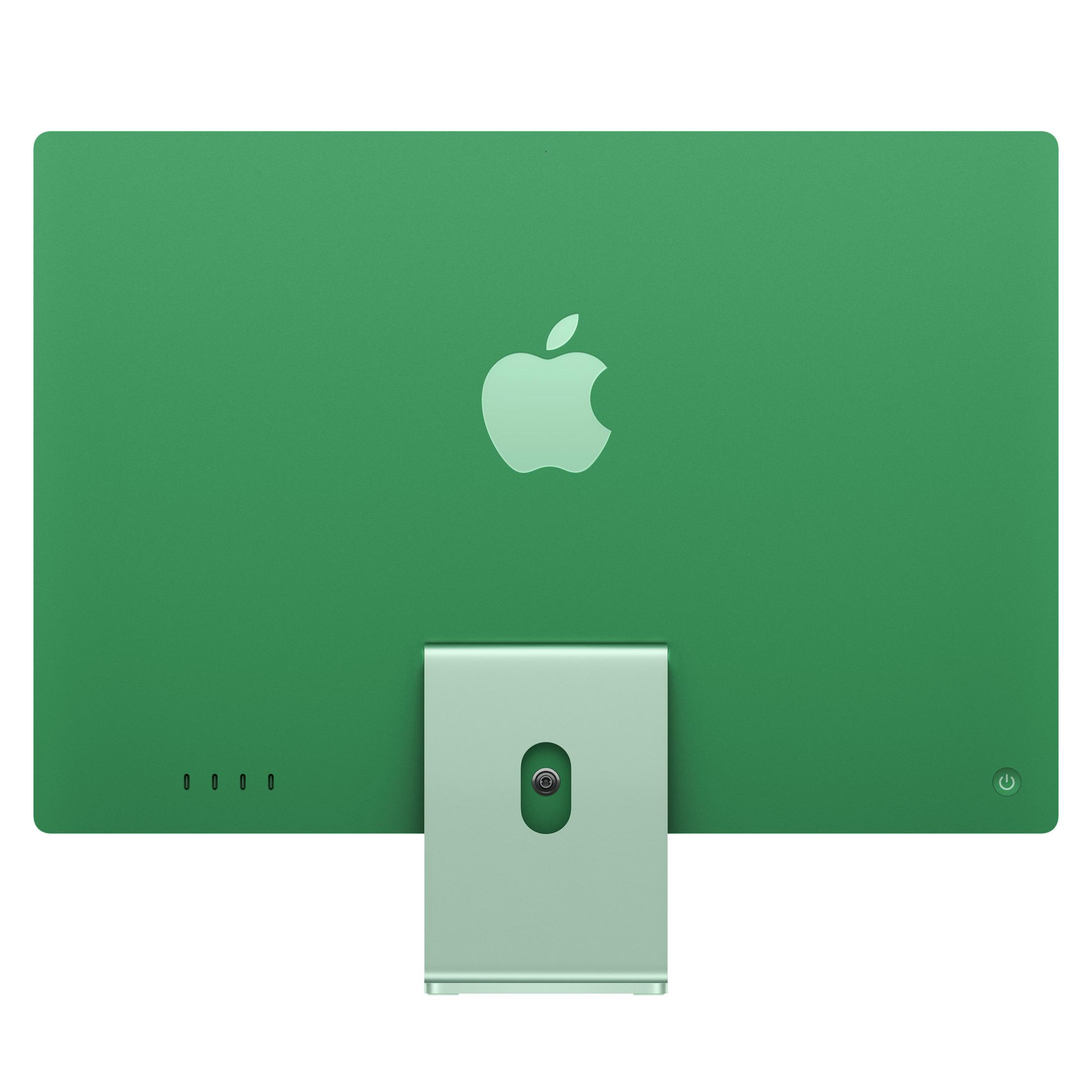 Rückseite eines grünen Apple-Computer-Displays mit Apple-Logo und Ständer.