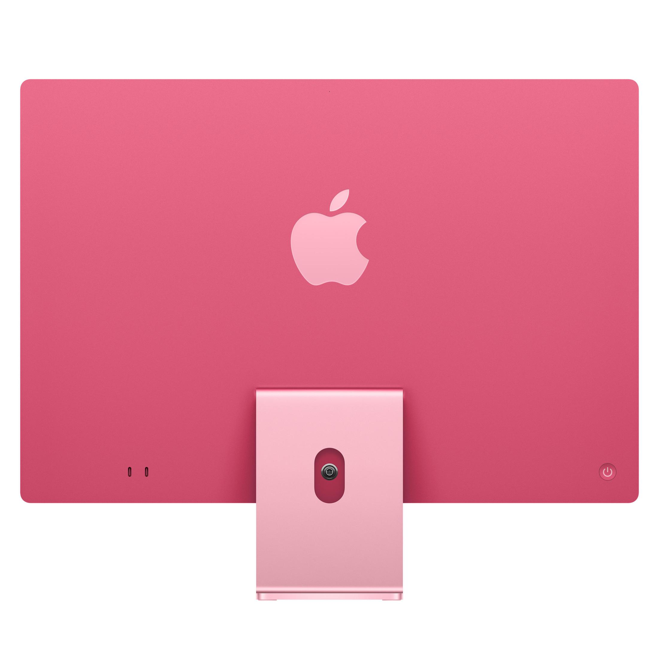 Pinkfarbener iMac, Rückansicht, mit Apple-Logo, Ständer und Ein/Aus-Taste auf weißem Hintergrund.