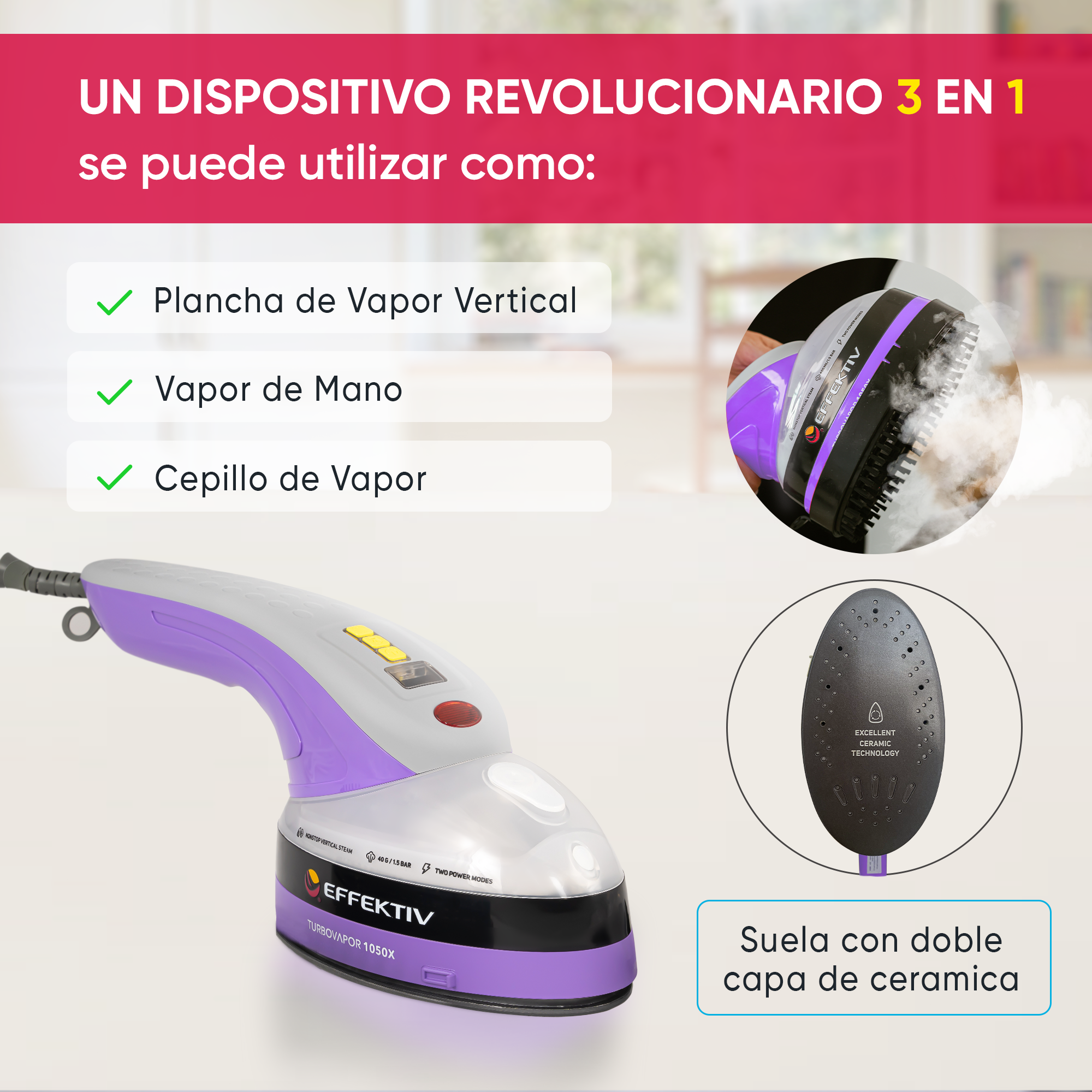 Ferro da stiro a vapore viola e grigio. Testo a sinistra. Altri elementi mostrano l'uso.