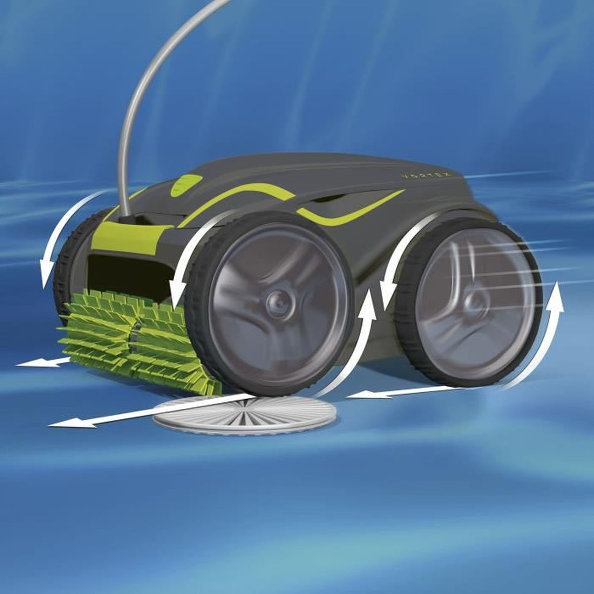Roboter-Poolreiniger, grau mit grünen Akzenten, im Wasser, mit Pfeilen.