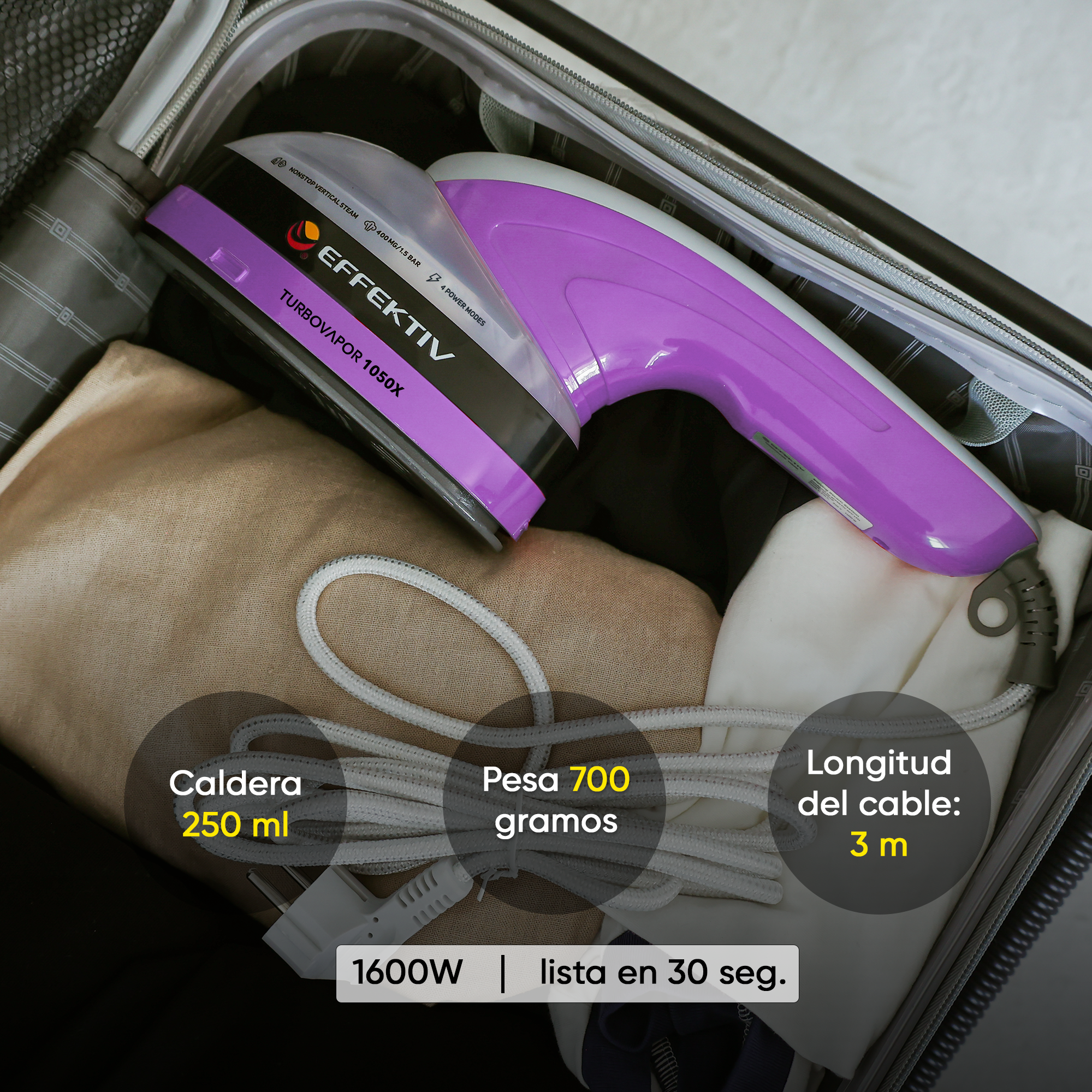 Una valigia con uno steamer viola e testo sul vapore. Sfondo bianco.