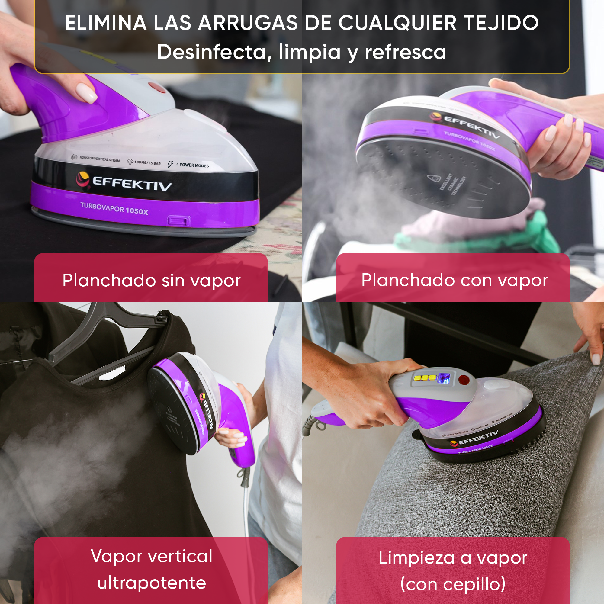 Quattro immagini che mostrano un ferro da stiro a vapore viola e bianco usato sugli indumenti. Azioni diverse.