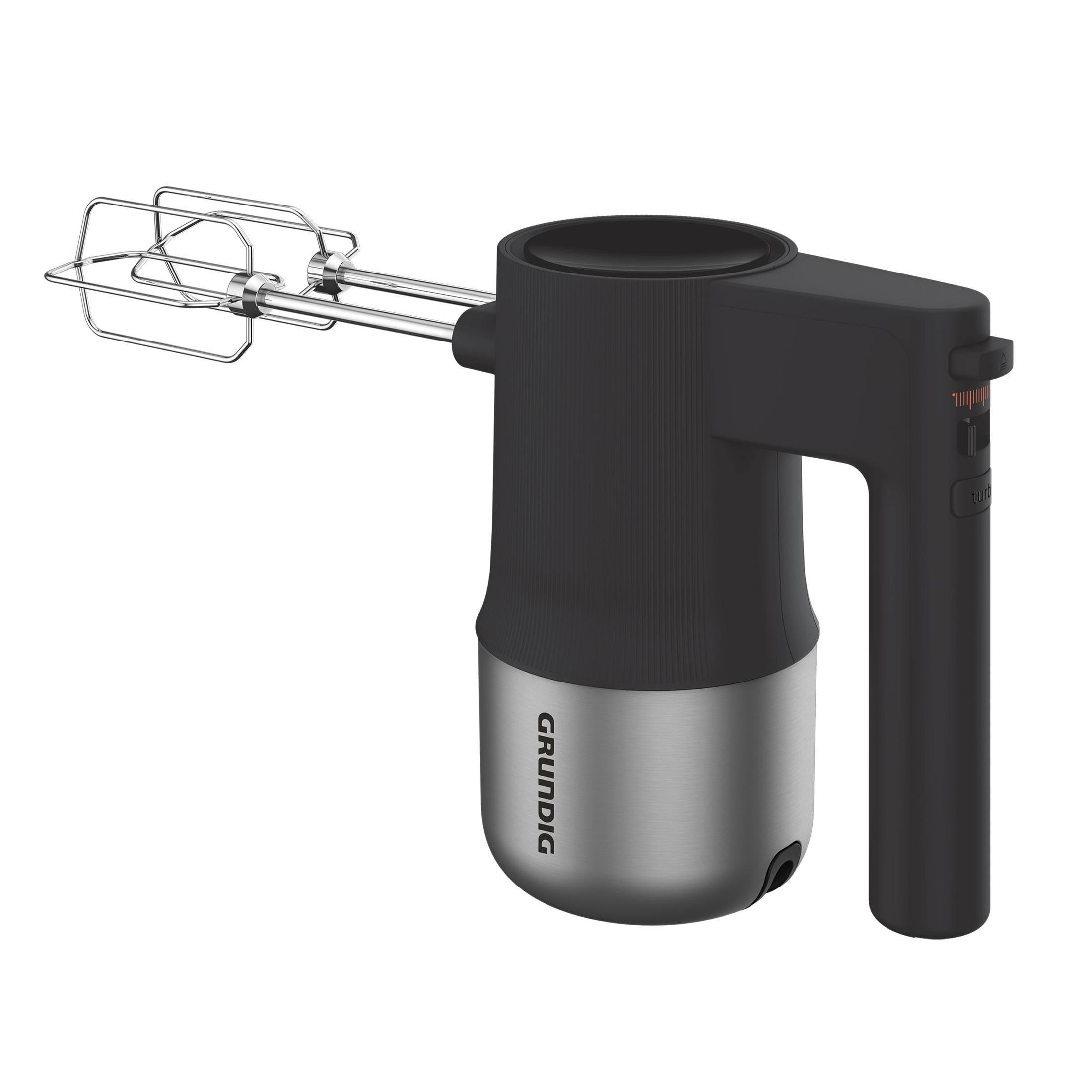 Ein schwarzer und silberner Handmixer mit zwei Aufsätzen. Es steht auf einer weißen Oberfläche.