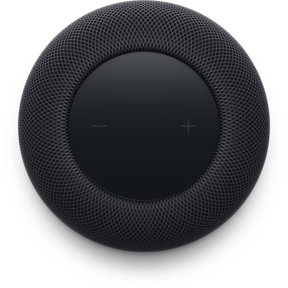 Een zwarte HomePod-luidspreker met een zwart touchscreen in het midden. Witte achtergrond.
