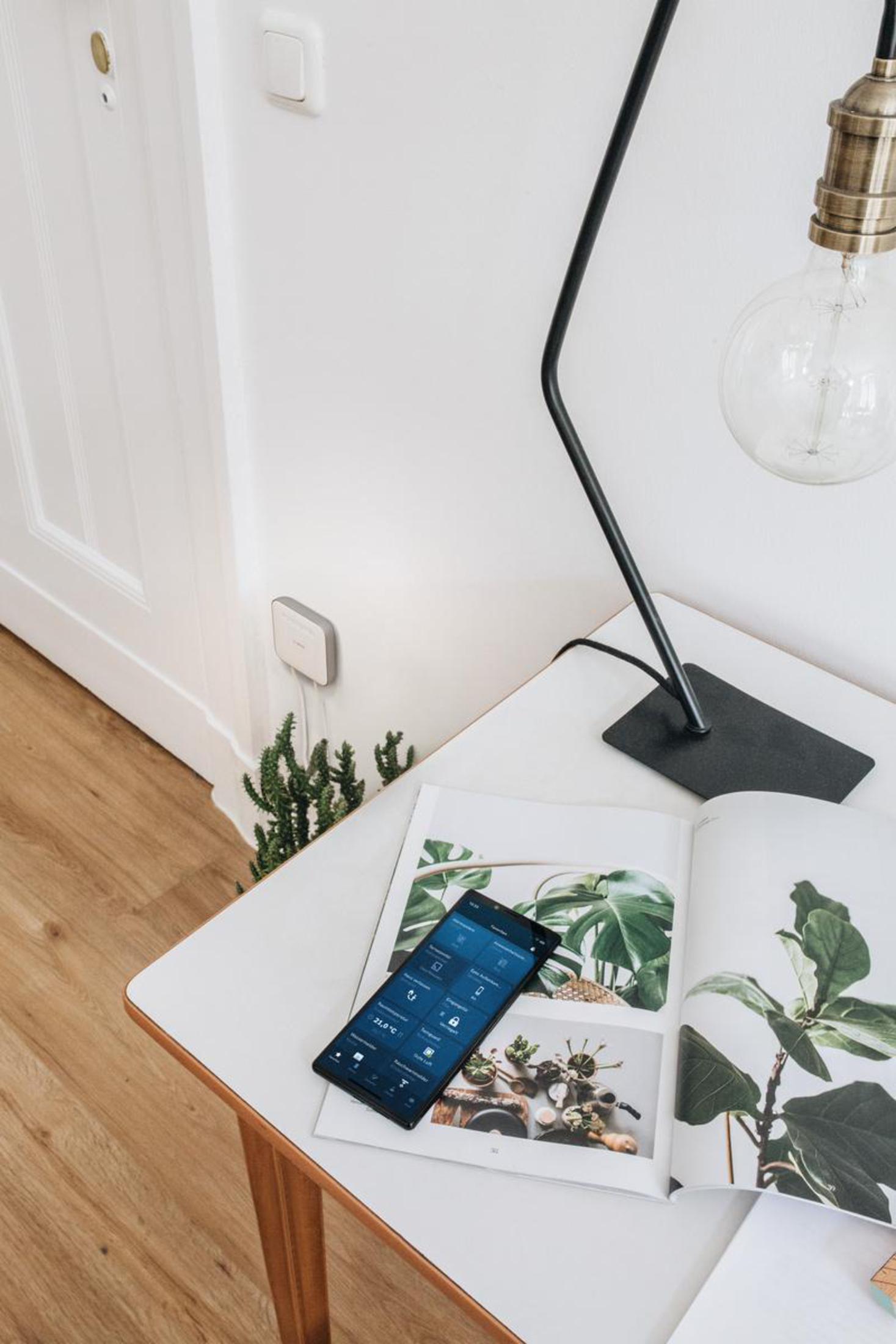 Ein Smartphone auf einem Tisch mit Lampe und Pflanze. Das Telefon zeigt ein Bedienfeld.
