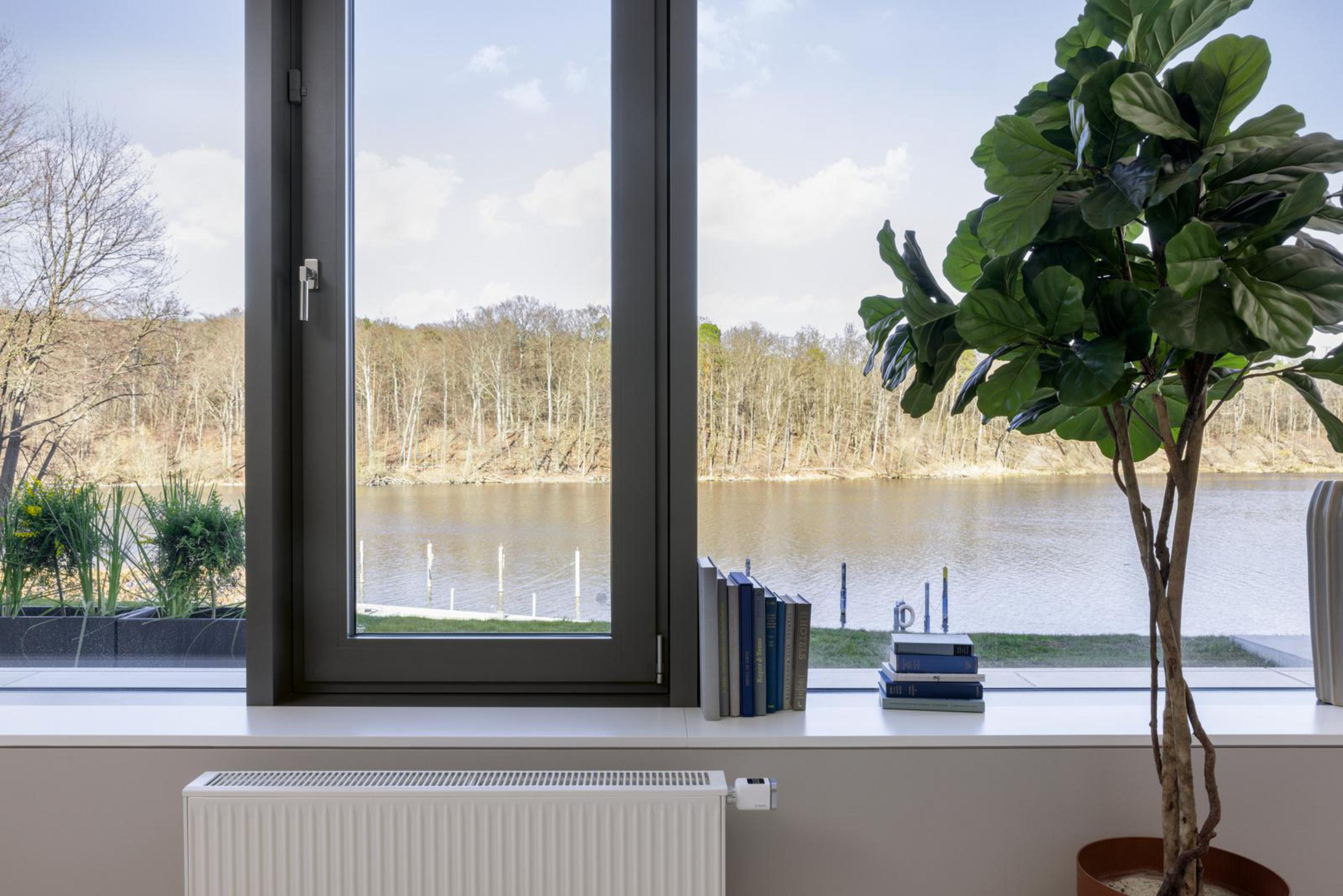 Innenaufnahme eines Fensters mit Blick auf einen See und Bäume. Bücher und eine Pflanze auf der Fensterbank.