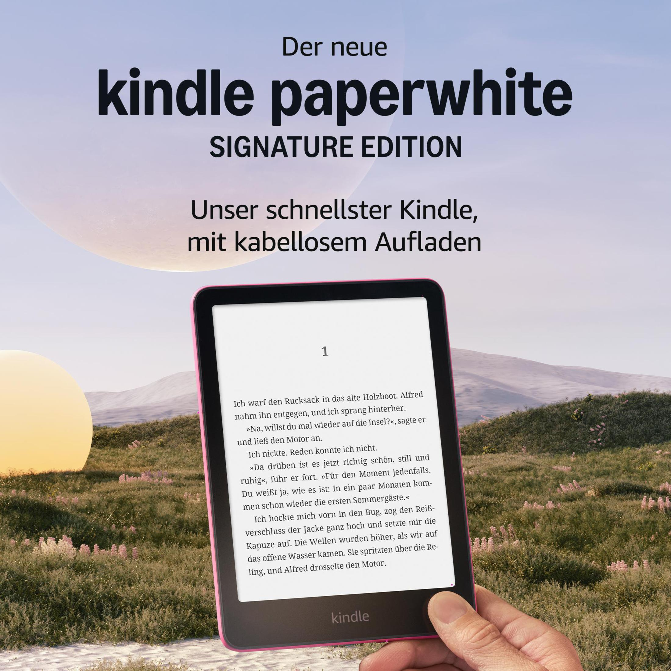 Kindle Paperwhite Signature Edition in einer Hand, mit Text und Landschaft im Hintergrund.