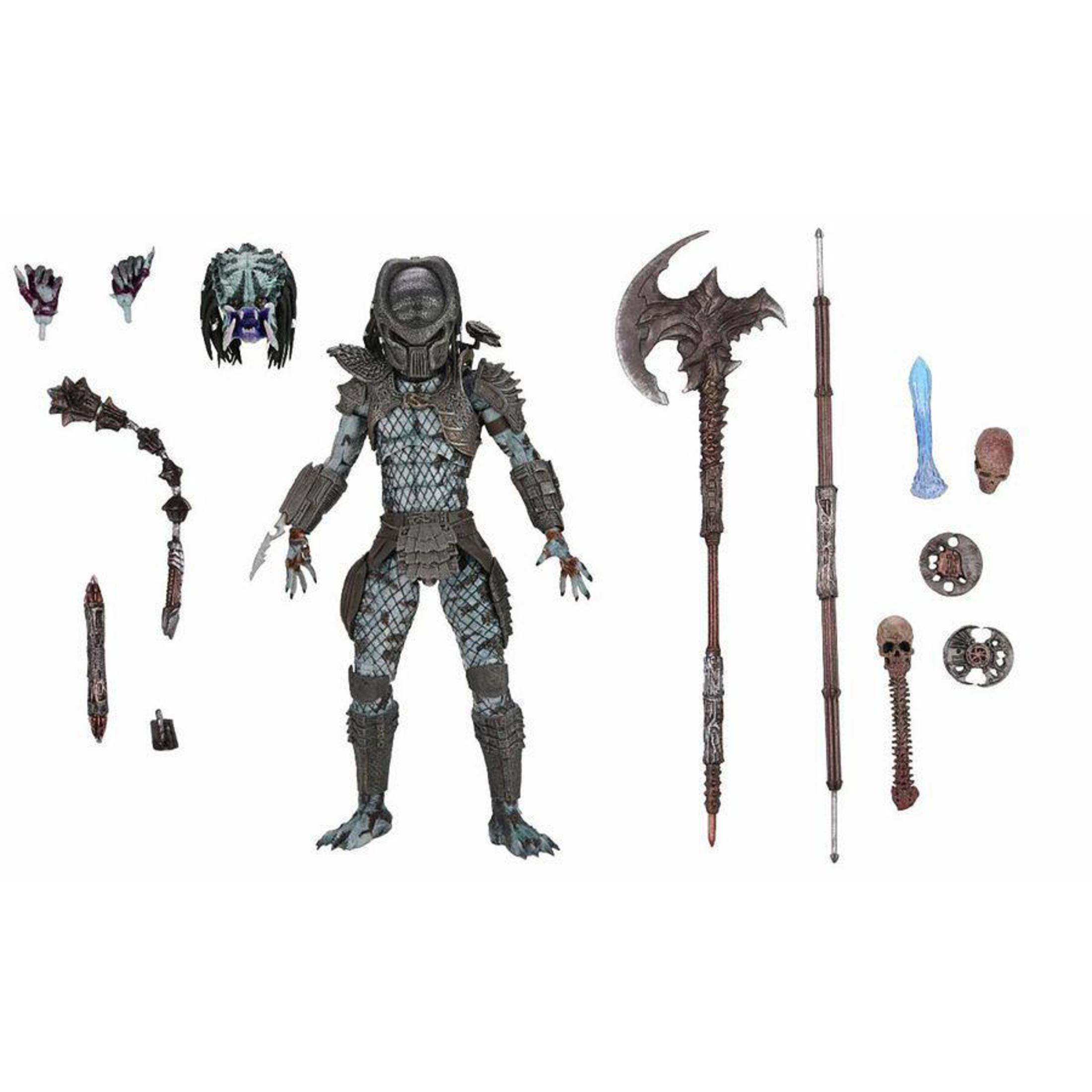Eine Predator-Actionfigur mit Zubehör. Es befindet sich auf weißem Hintergrund.