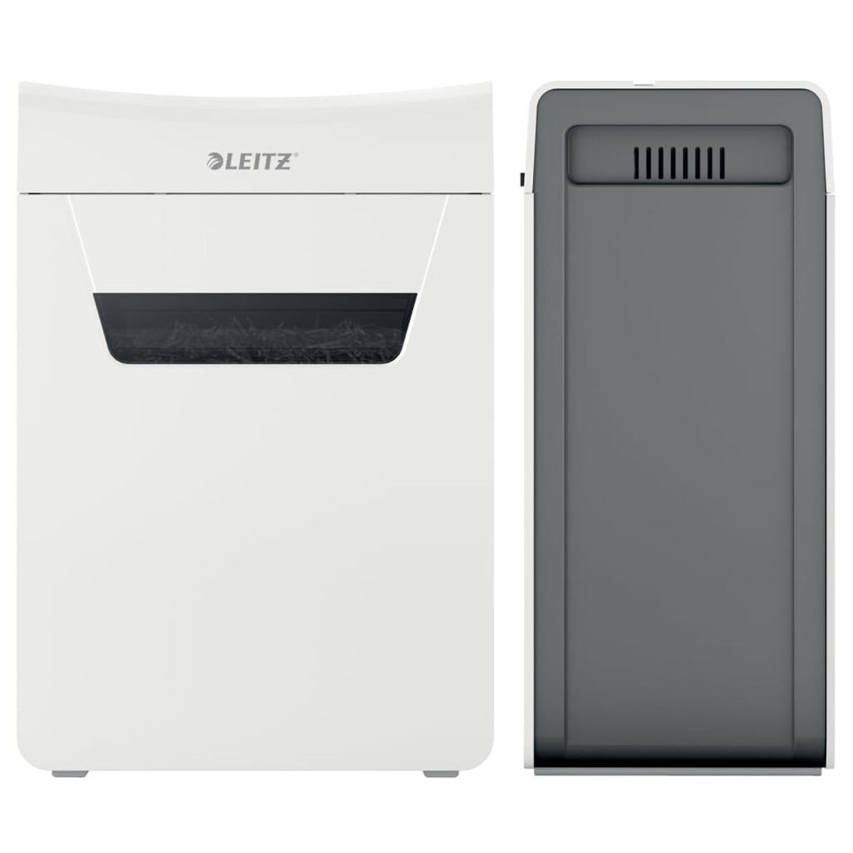 Biała i szara niszczarka papieru z logo Leitz i zamknięta z boku.