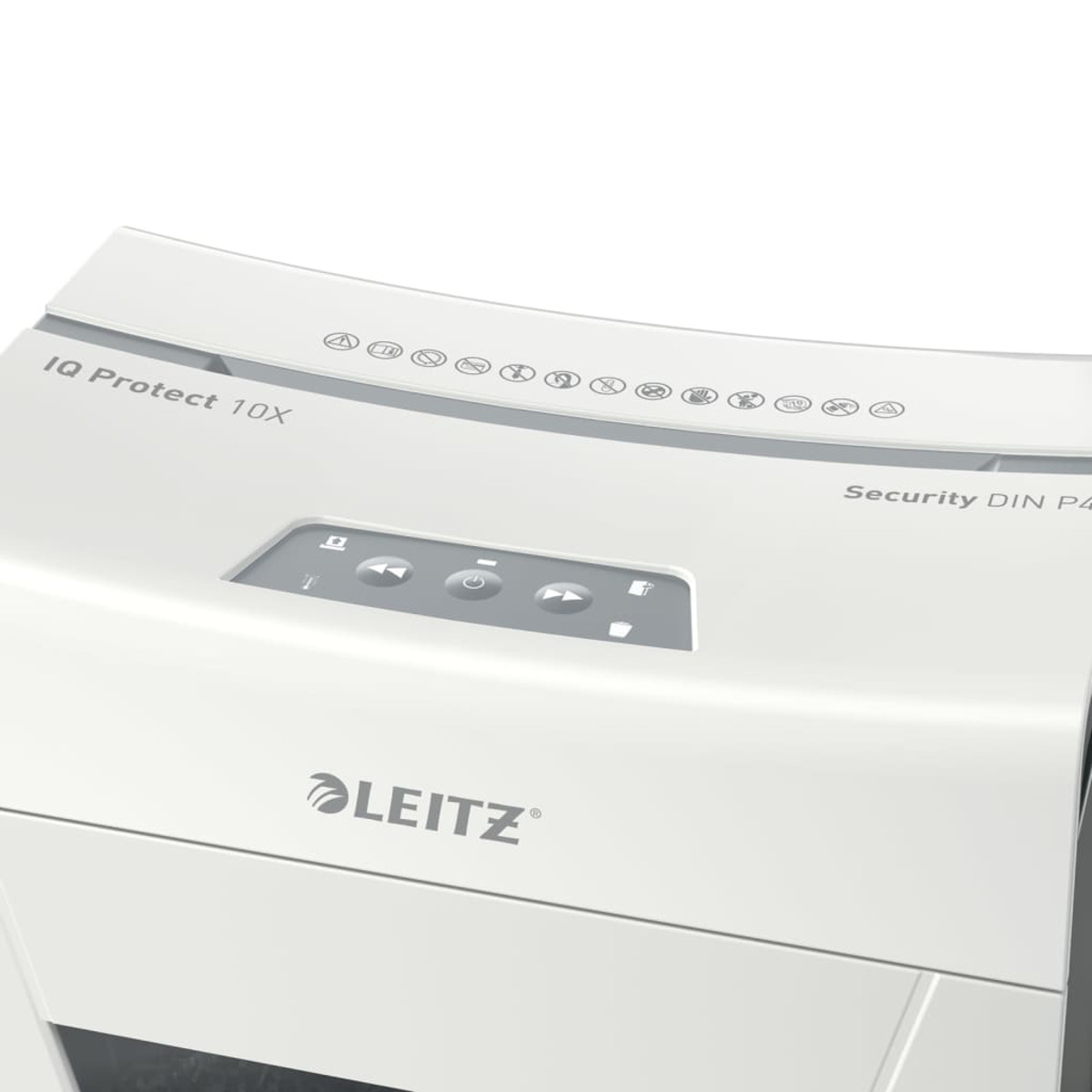 Biała niszczarka papieru z panelem sterowania i logo Leitz.