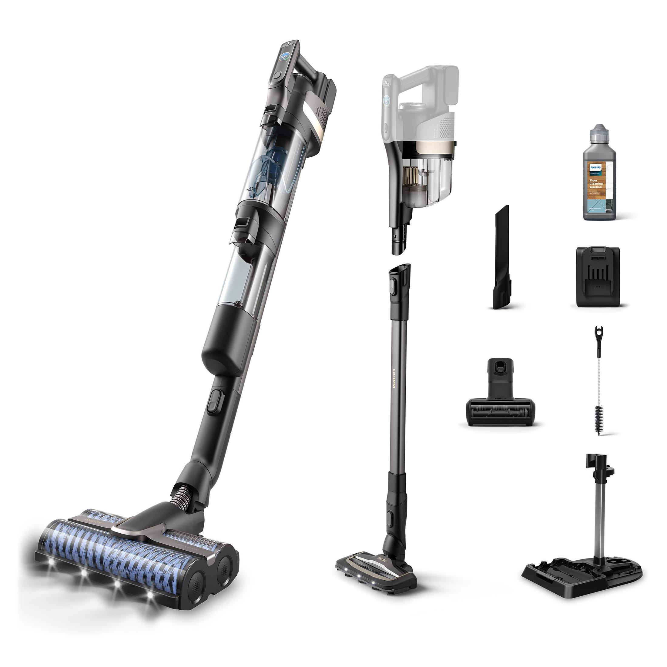 Zwarte en zilveren Philips draadloze stofzuiger met accessoires. Witte achtergrond.
