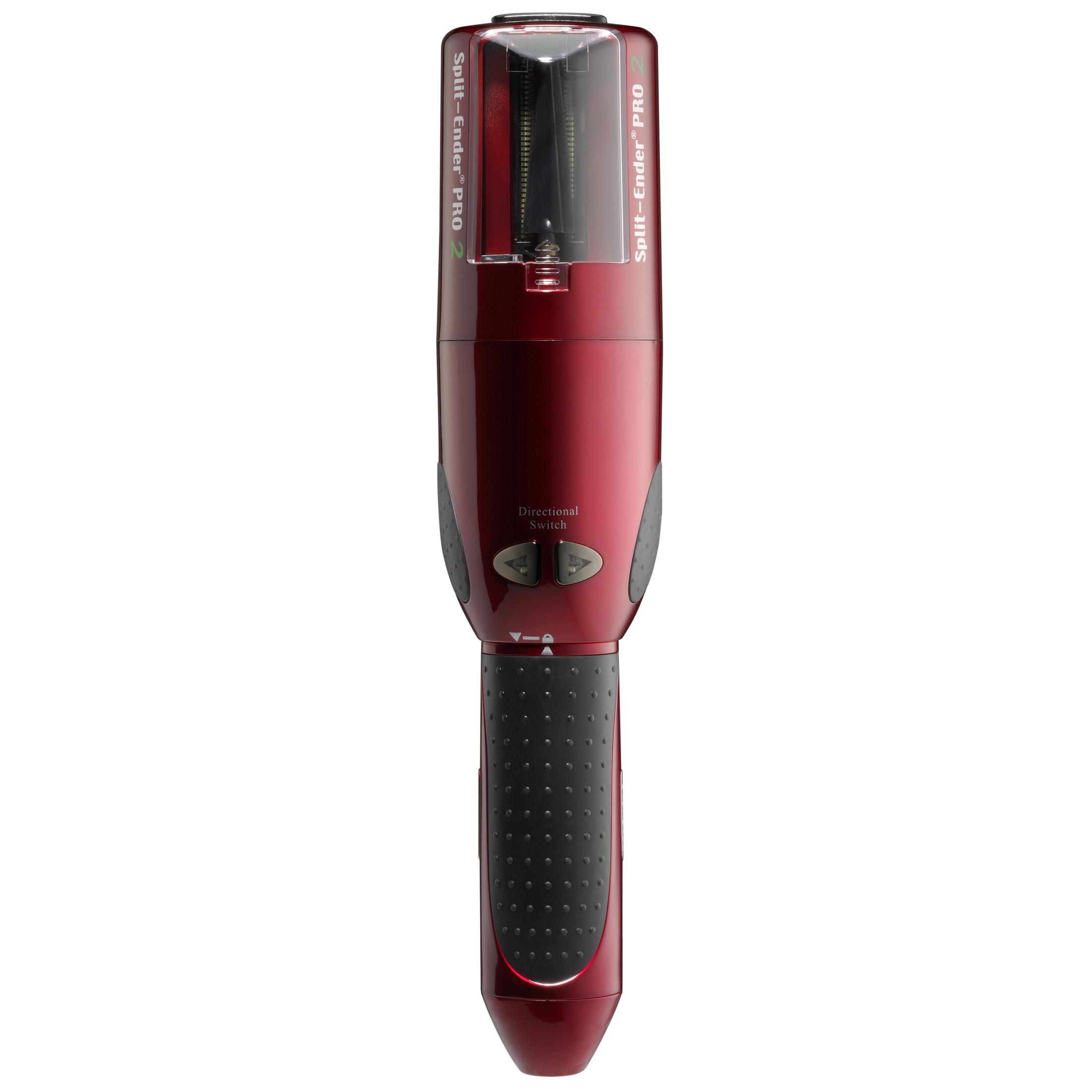 Rotes Haarspaltwerkzeug. Schwarzer Griff mit Richtungswechselschalter und Text.