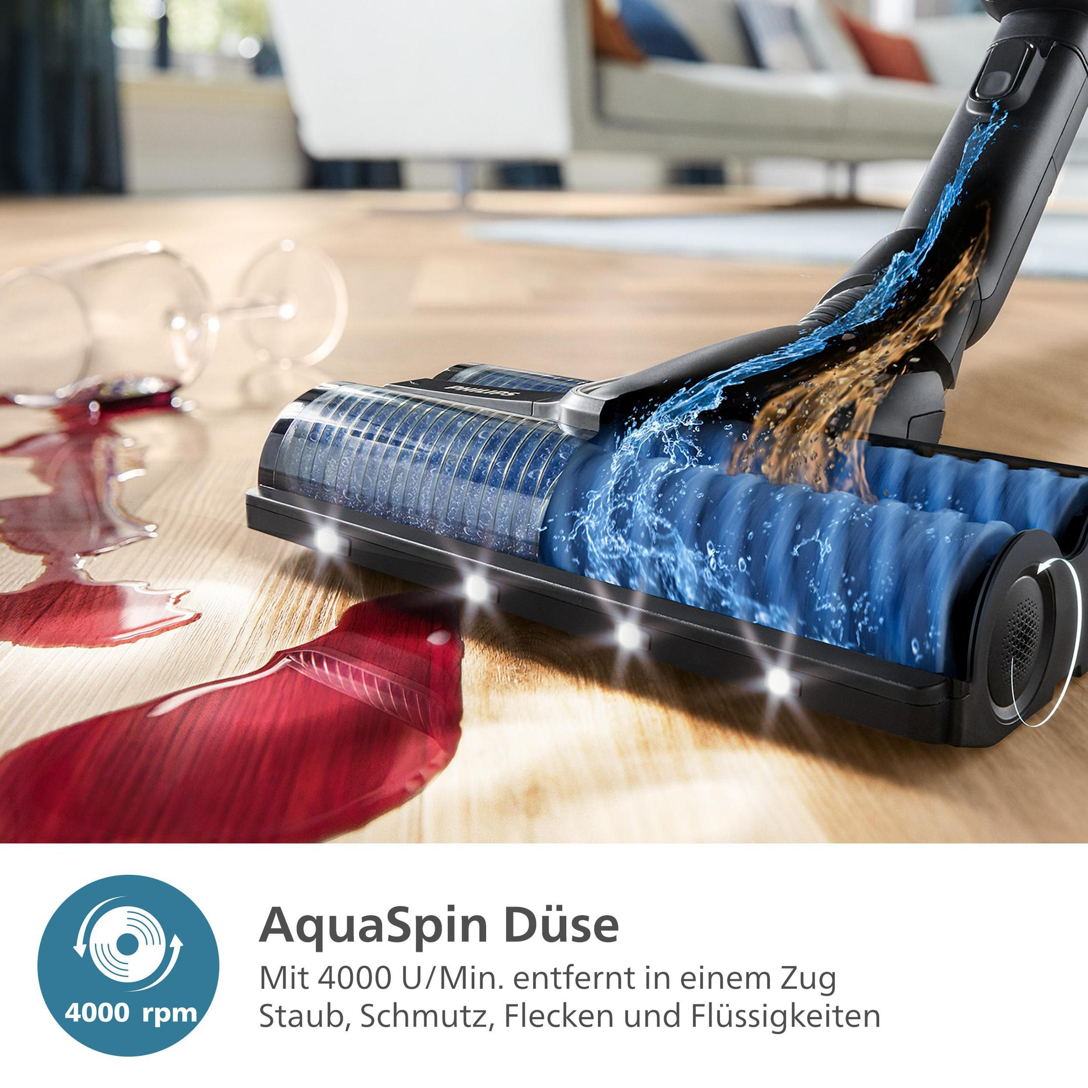 Stofzuiger die een houten vloer schoonmaakt. Tekst: AquaSpin Düse, 4000 rpm. Rode vloeistof op de vloer.