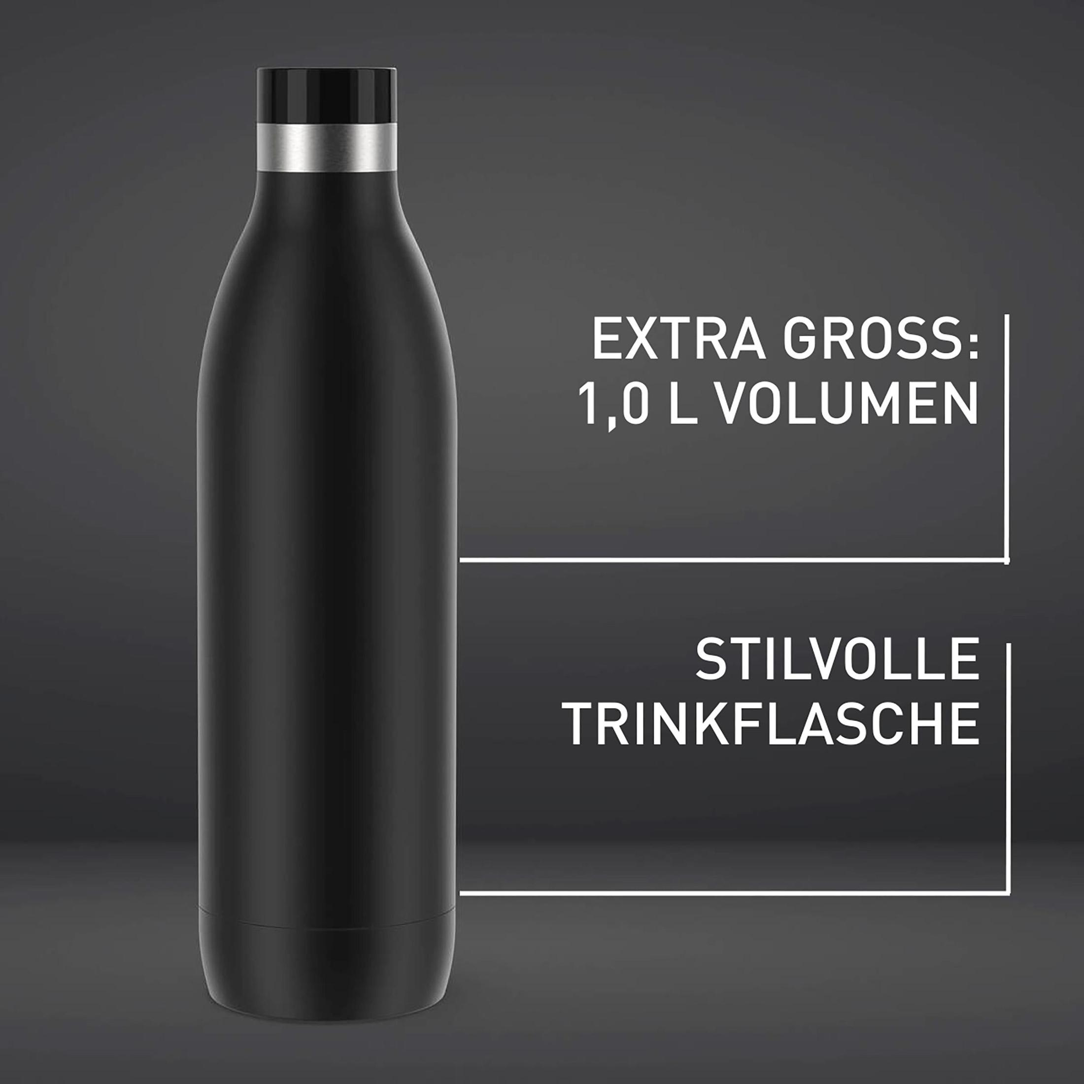 Schwarze isolierte Wasserflasche mit silbernem Band und schwarzem Deckel. Text erklärt die Kapazität.