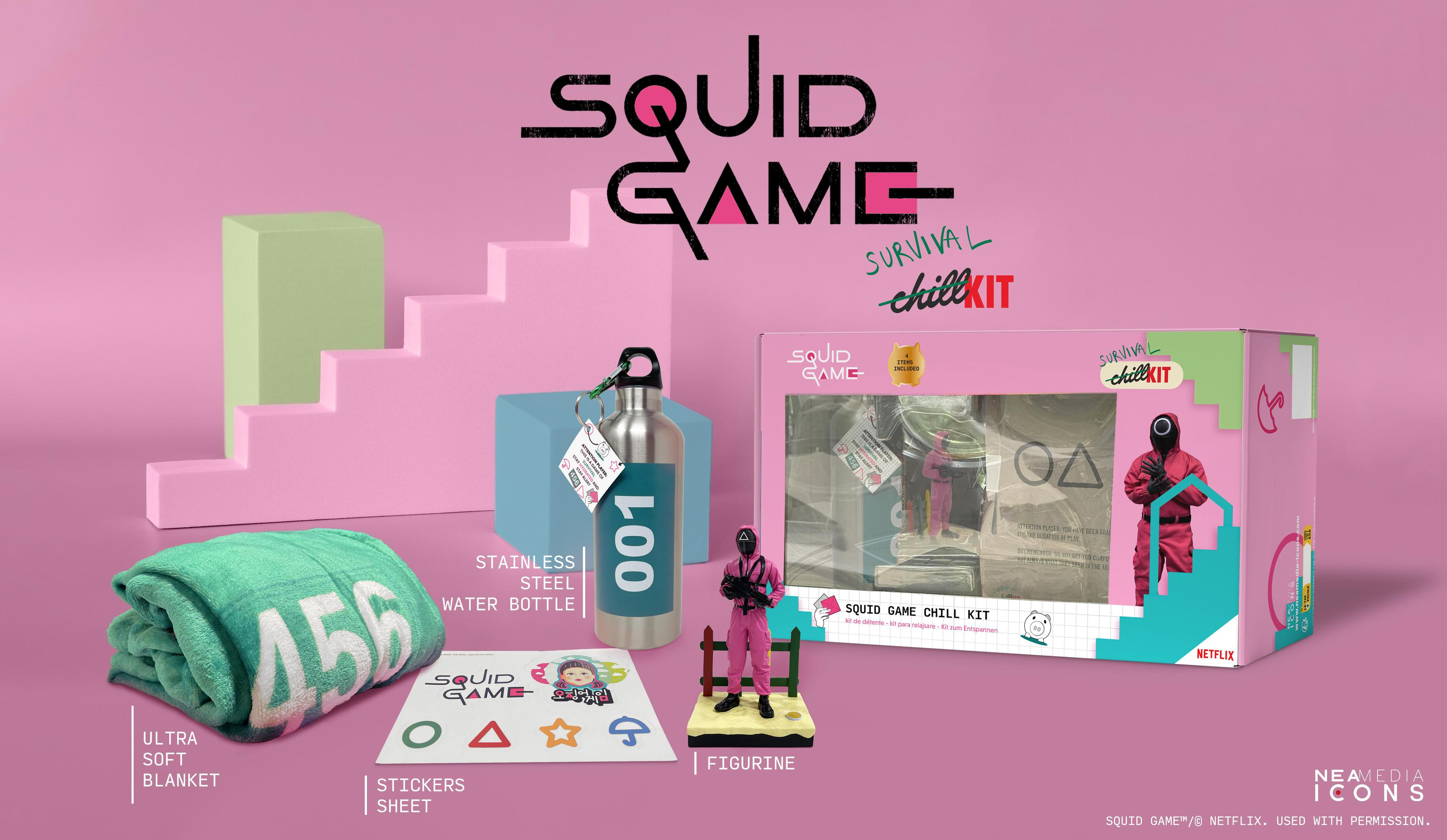 Kit de supervivencia de Squid Game, con manta, botella de agua, figura y pegatinas.