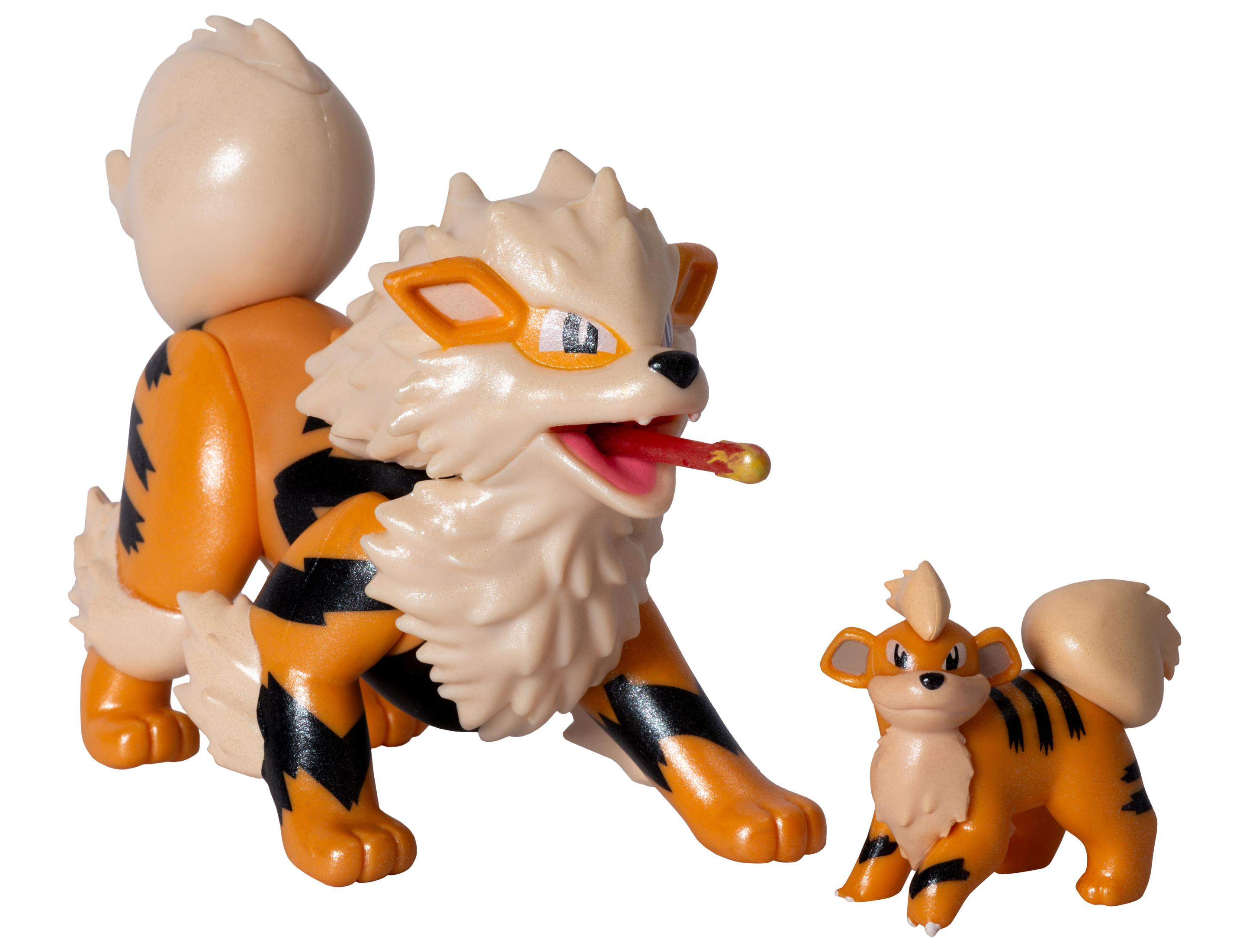 Zwei orangefarbene und schwarze Pokemon-Figuren. Einer groß, einer klein. Sie sind Arkani und Fukano.