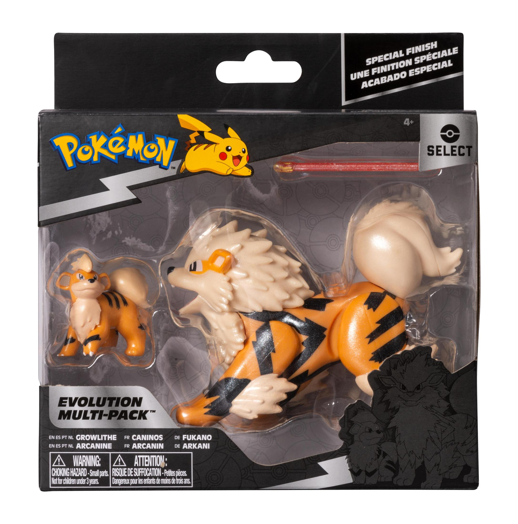 Pokémon-Spielzeugset mit Growlithe, Arkani und Verpackung. Arkani hat orangefarbenes und schwarzes Fell.