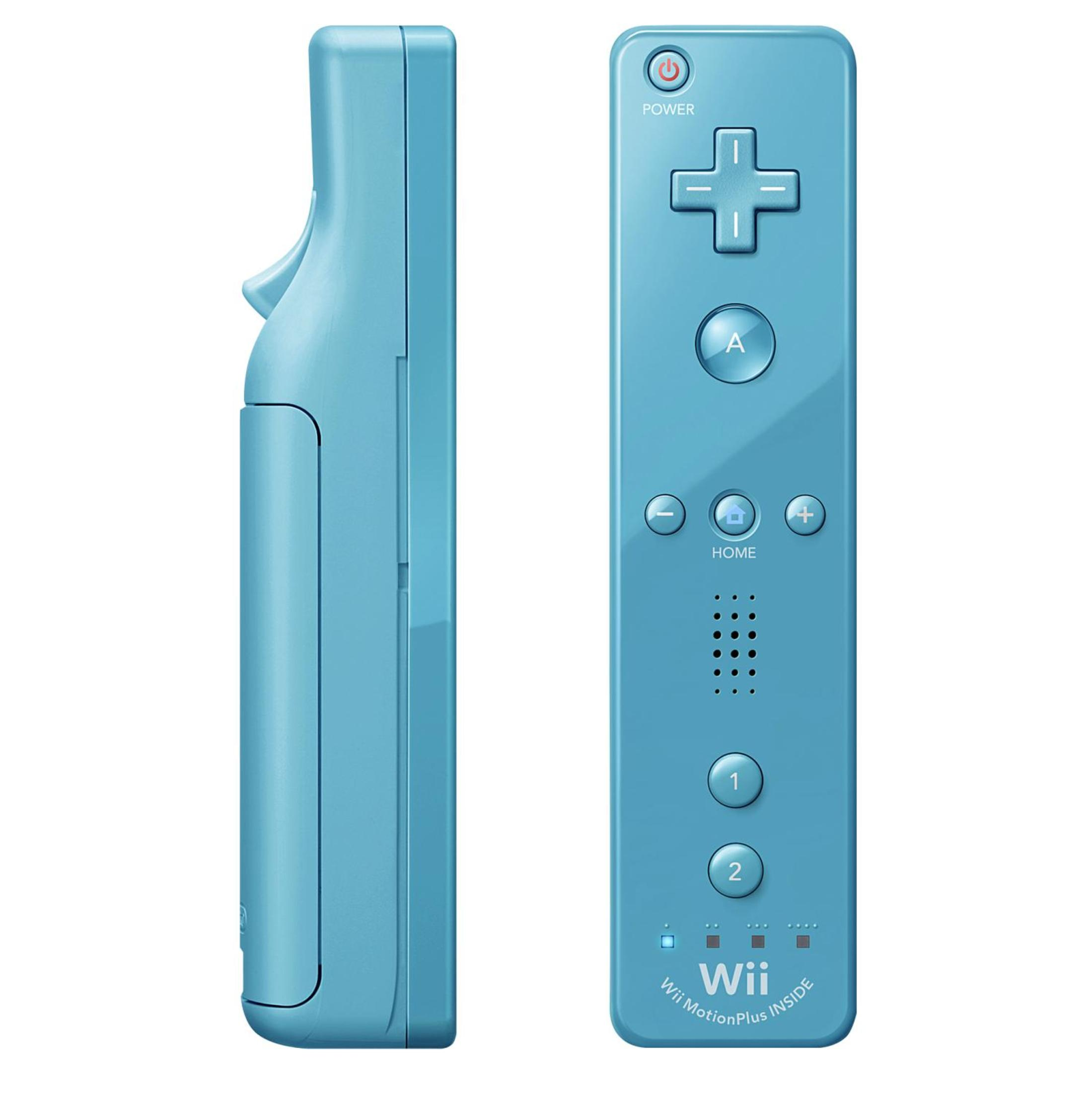 Eine blaue Wii-Fernbedienung mit Knöpfen und der Aufschrift 'Wii MotionPlus Inside'.