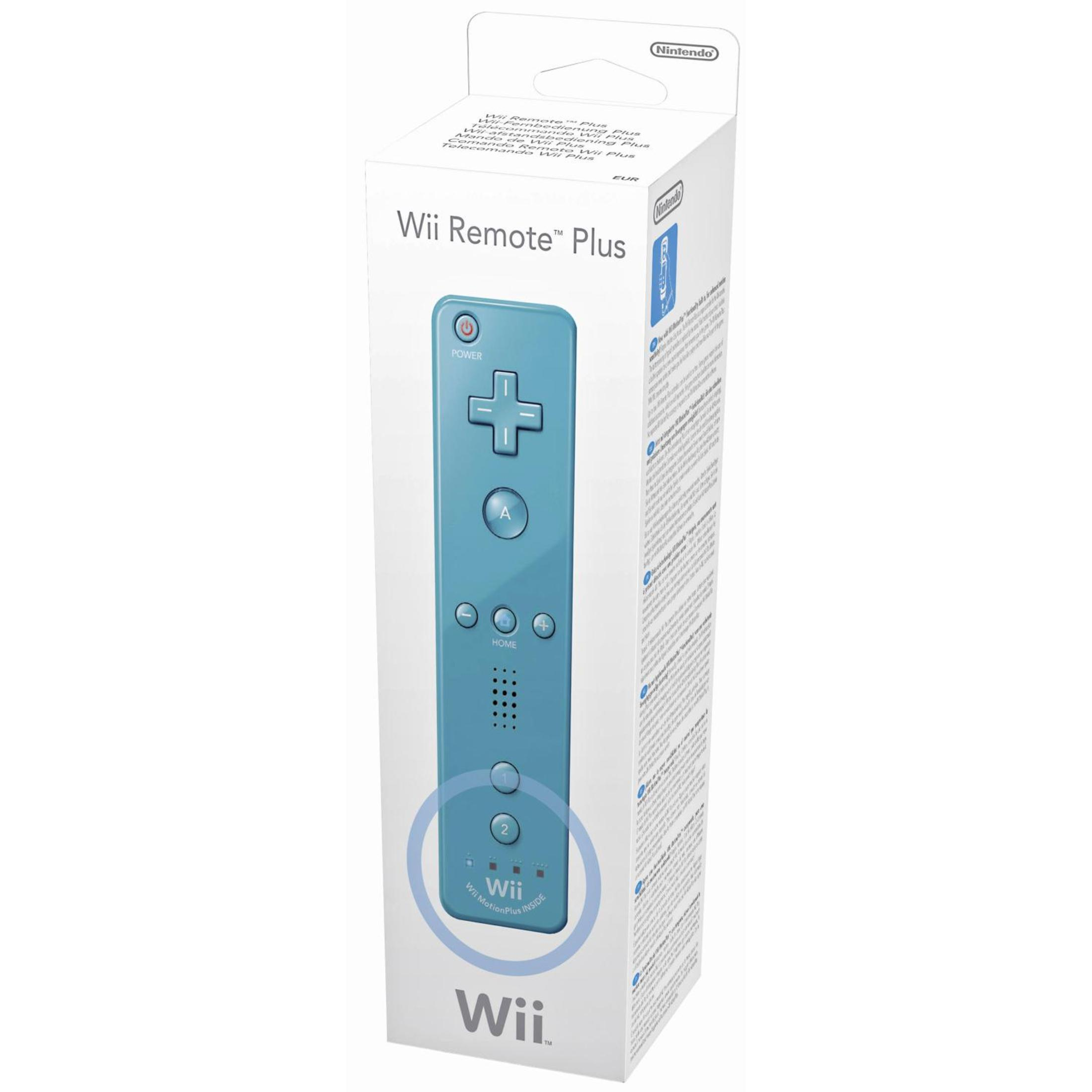 Ein blauer Wii Remote Plus Controller in seiner Box. Die Box ist weiß mit Nintendo-Markenzeichen.