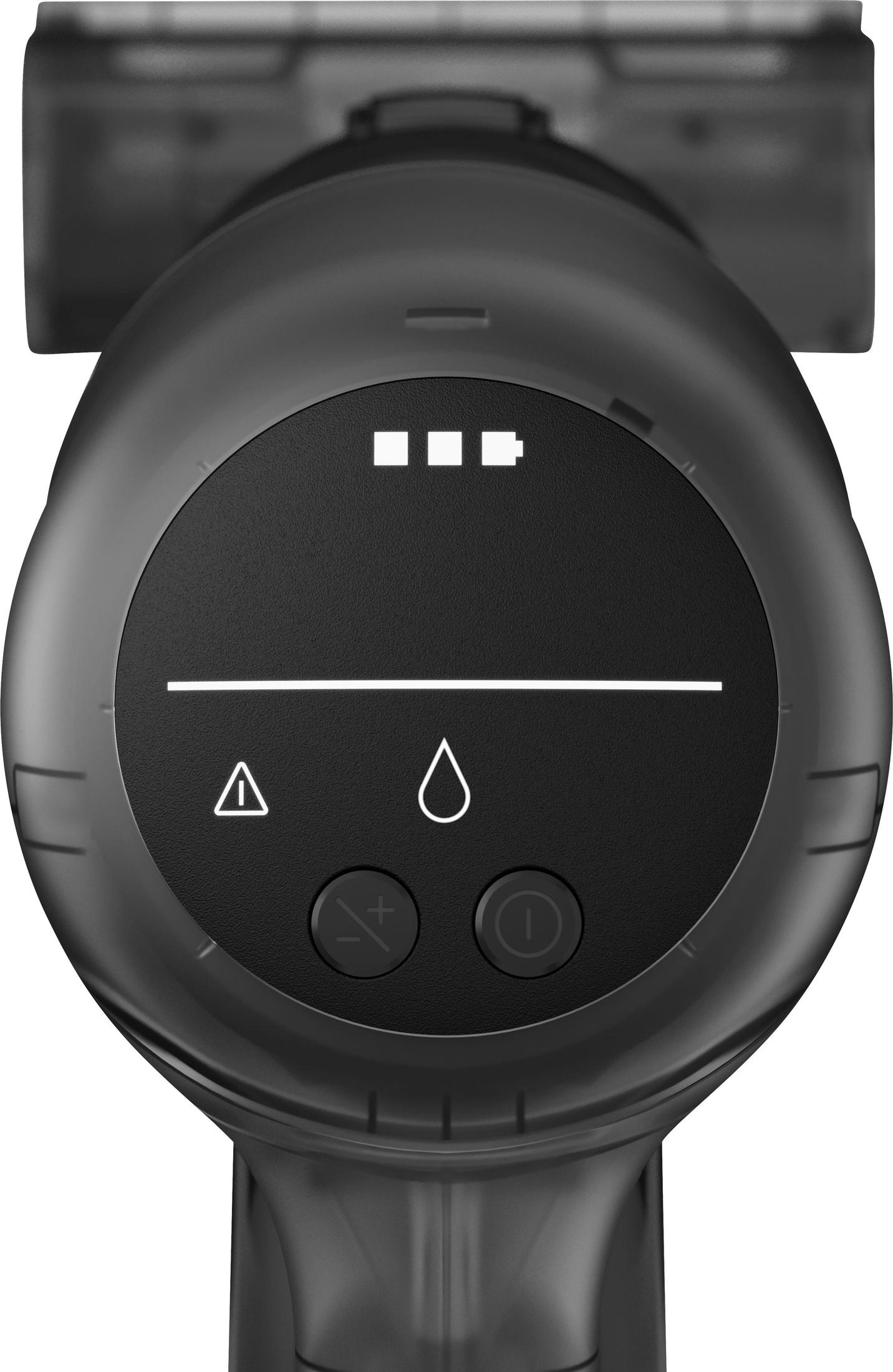 Zbliżenie panelu sterowania czarnego odkurzacza. Wyświetla ikony baterii, wody/alarmu.