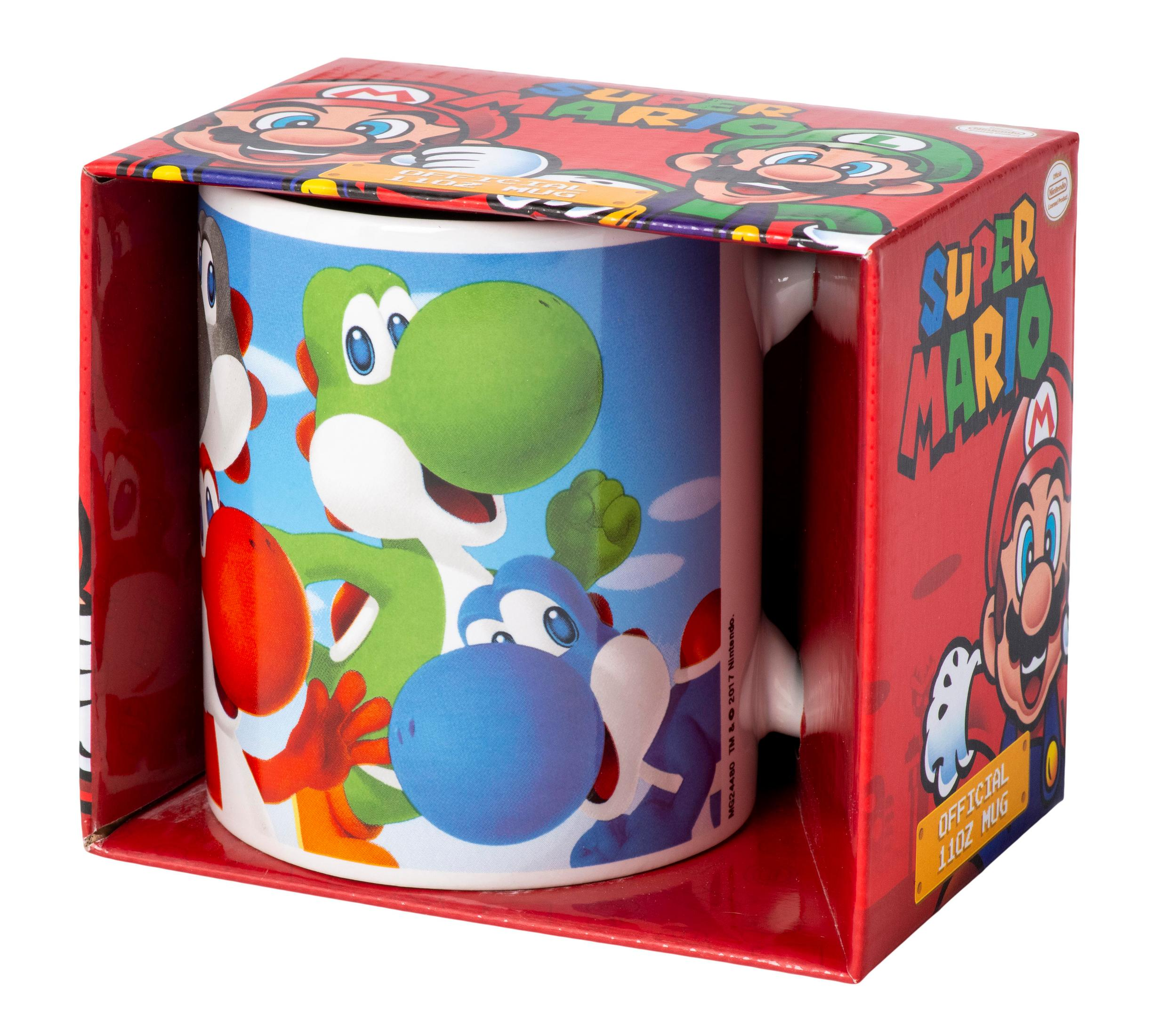 Super Mario Tasse in roter Box. Yoshi und Mario sind auf der Tasse.